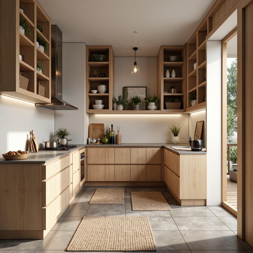 Prompt: Modern Scandinavian pantry, light wood tones, minimal ornamentation, sleek handleless cabinets, matte finish countertops, stainless steel appliances, industrial-chic lighting fixtures, open shelving systems, woven basket storage, geometric patterned rugs, natural stone flooring, warm softbox lighting, 1/1 composition, realistic textures, ambient occlusion.