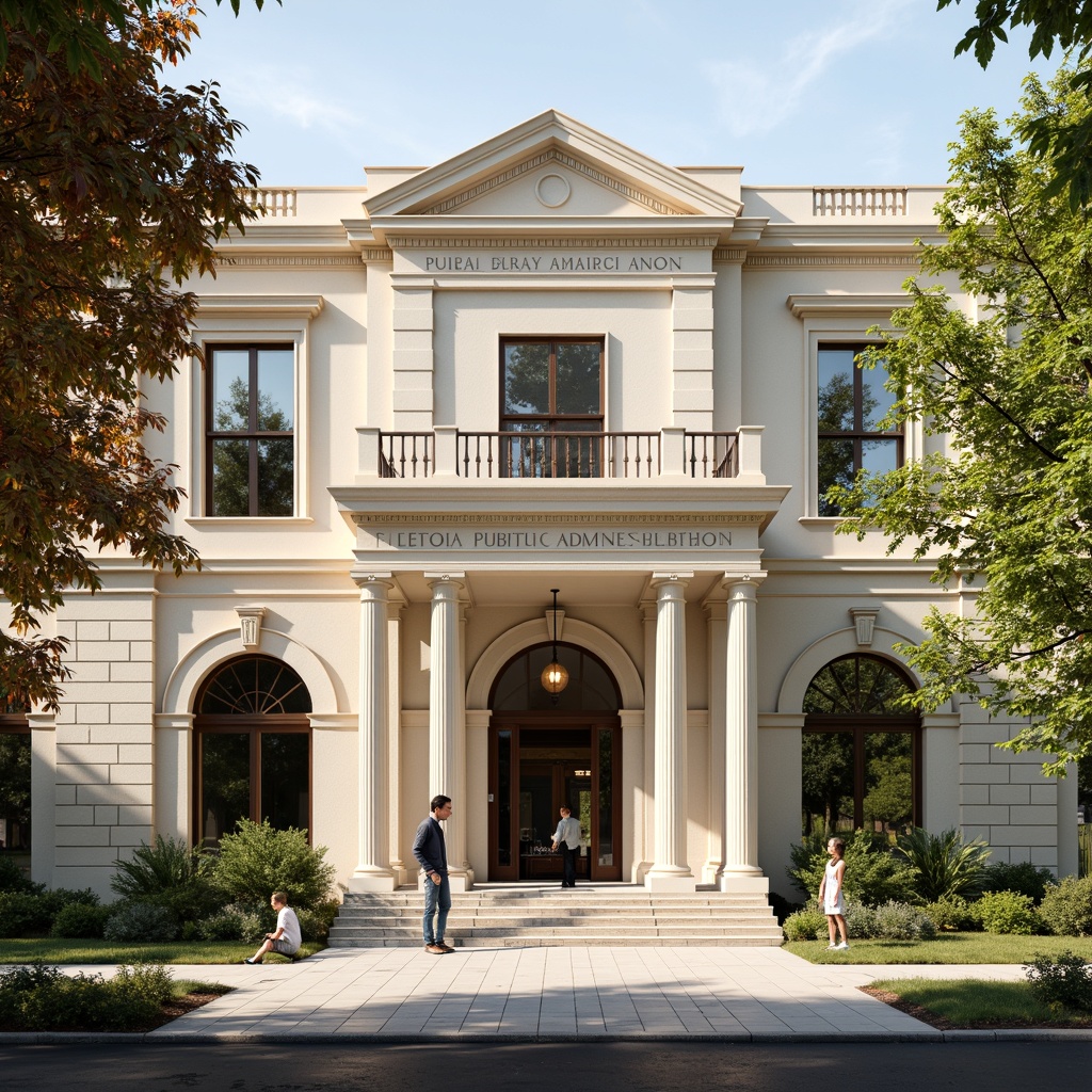 Prompt: Elegant public administration building, neoclassical facade, grand entrance, ornate columns, arches, symmetrical composition, cream-colored stone walls, glazed ceramic tiles, bronze metal details, formal landscaping, pedestrian walkways, urban context, morning sunlight, soft shadows, 1/2 composition, realistic textures, ambient occlusion.Please let me know if this meets your requirements!