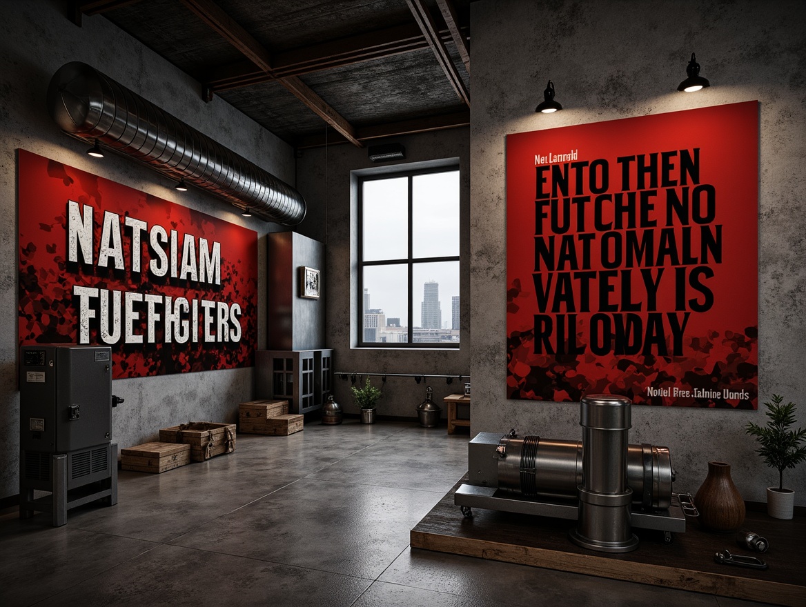 Prompt: Industrial concrete walls, raw steel beams, minimalist lighting, bold graffiti murals, distressed wood accents, urban cityscape views, moody atmospheric fog, dramatic shadows, intense red and black color scheme, exposed ductwork, metallic equipment, functional industrial decor, motivational quotes, high-contrast photography, dynamic low-angle shots, gritty realistic textures.