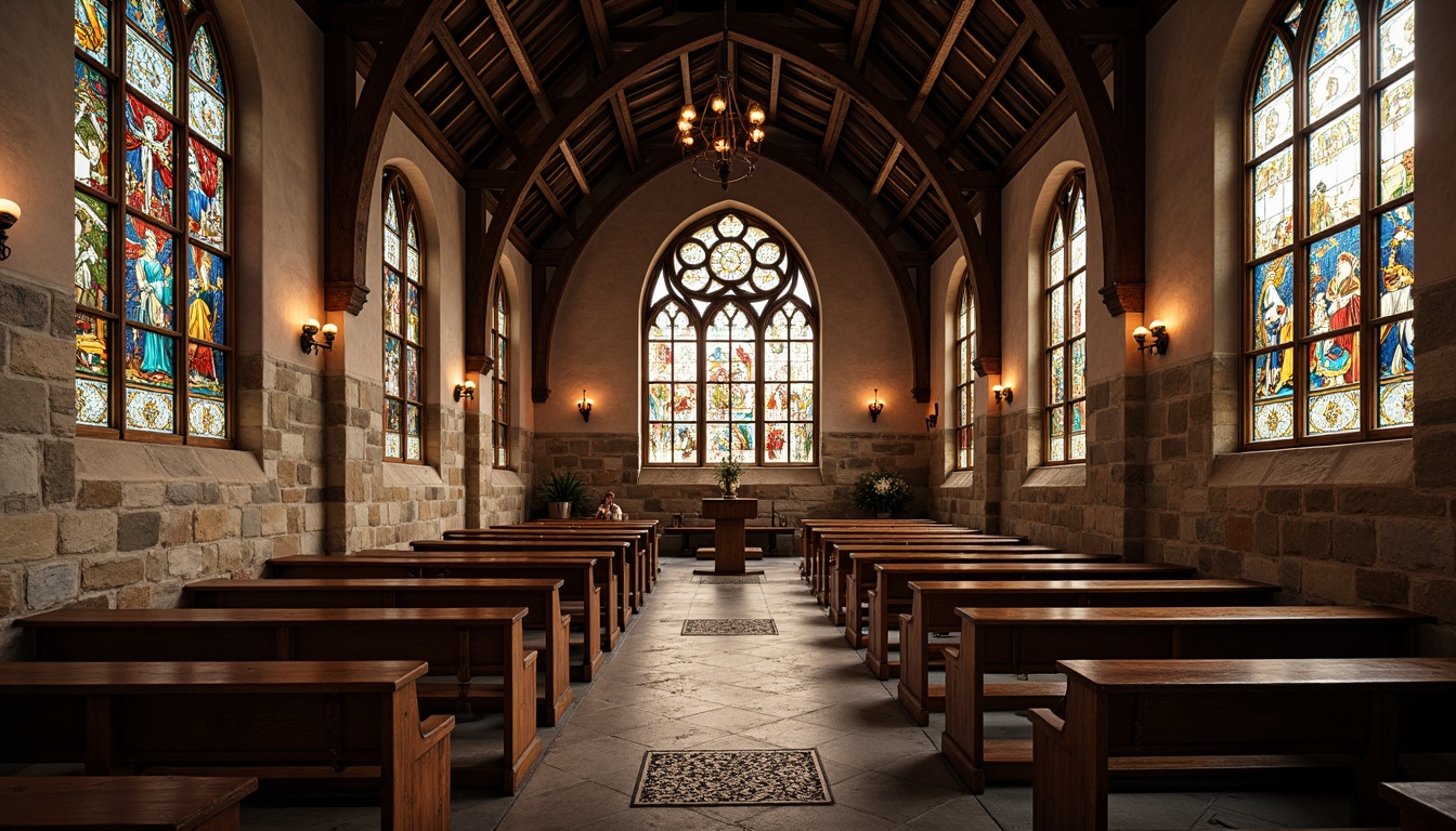 Prompt: Rustic church interior, stained glass windows, vibrant colors, ornate patterns, Christian symbols, wooden pews, stone walls, vaulted ceilings, grandiose architecture, soft warm lighting, dramatic shadows, 1/2 composition, realistic textures, ambient occlusion, intricate details, medieval-inspired design, natural materials, earthy tones, spiritual ambiance.