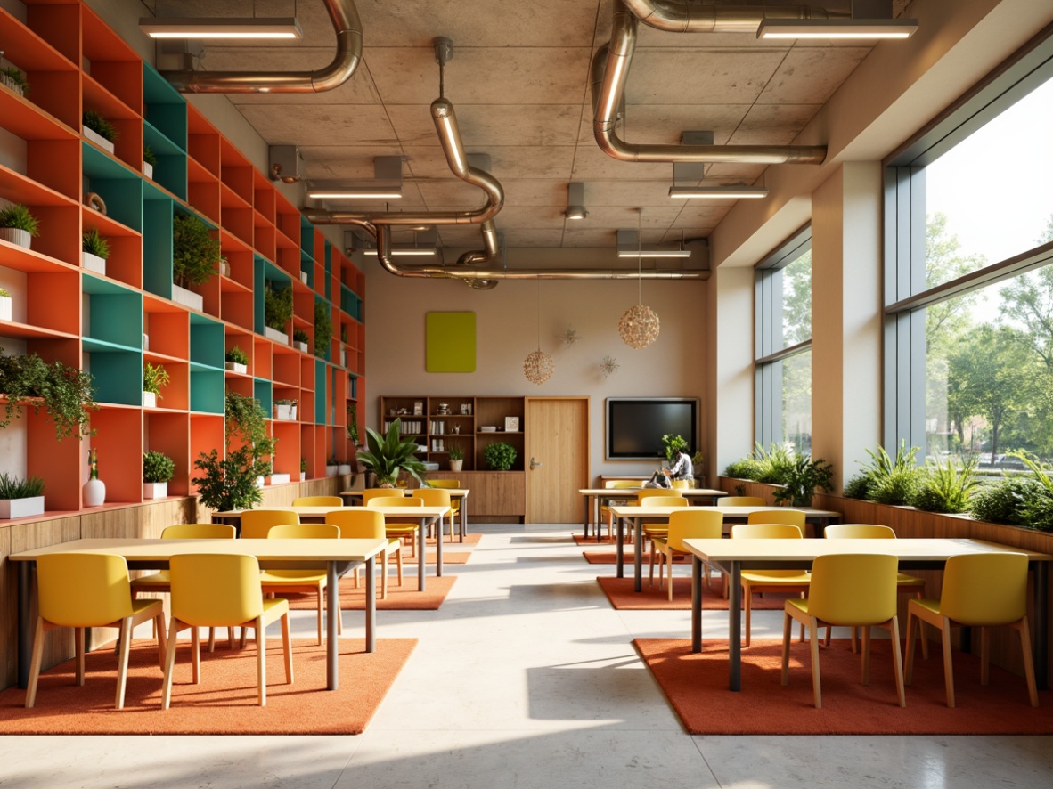 Prompt: Vibrant educational setting, warm beige walls, rich wooden accents, uplifting yellow chairs, inspiring turquoise tables, stimulating coral shelves, motivational orange rugs, engaging greenery, abundant natural light, modern minimalistic design, sleek metal fixtures, dynamic circular patterns, harmonious color contrasts, soft warm lighting, shallow depth of field, 3/4 composition, panoramic view, realistic textures, ambient occlusion.