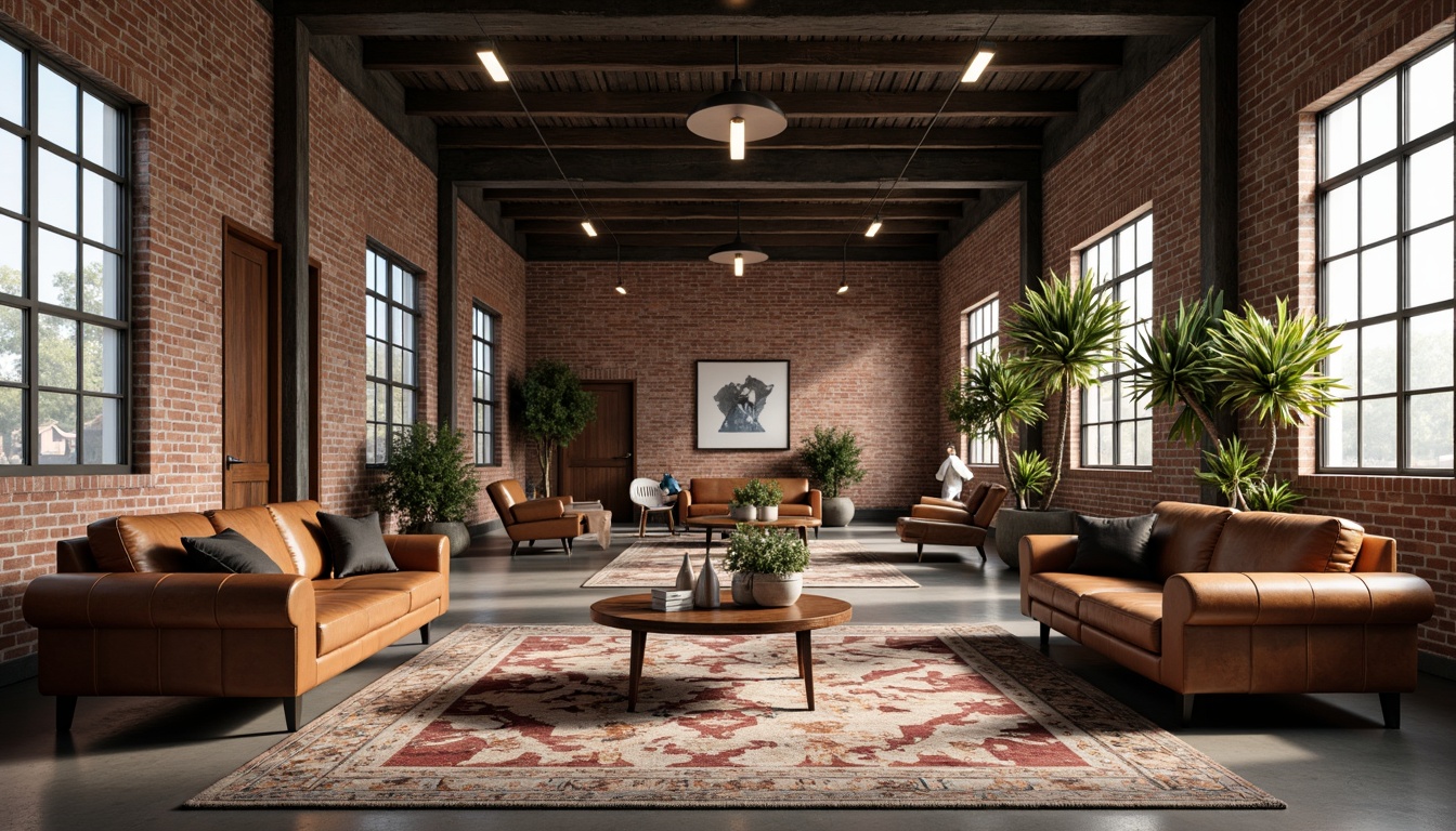 Prompt: Rustic industrial warehouse, exposed brick walls, metal beams, reclaimed wood accents, vintage factory lights, distressed leather furniture, mid-century modern sofas, geometric patterned rugs, industrial-chic decor, urban loft ambiance, natural light pouring in, soft warm lighting, shallow depth of field, 3/4 composition, realistic textures, ambient occlusion.