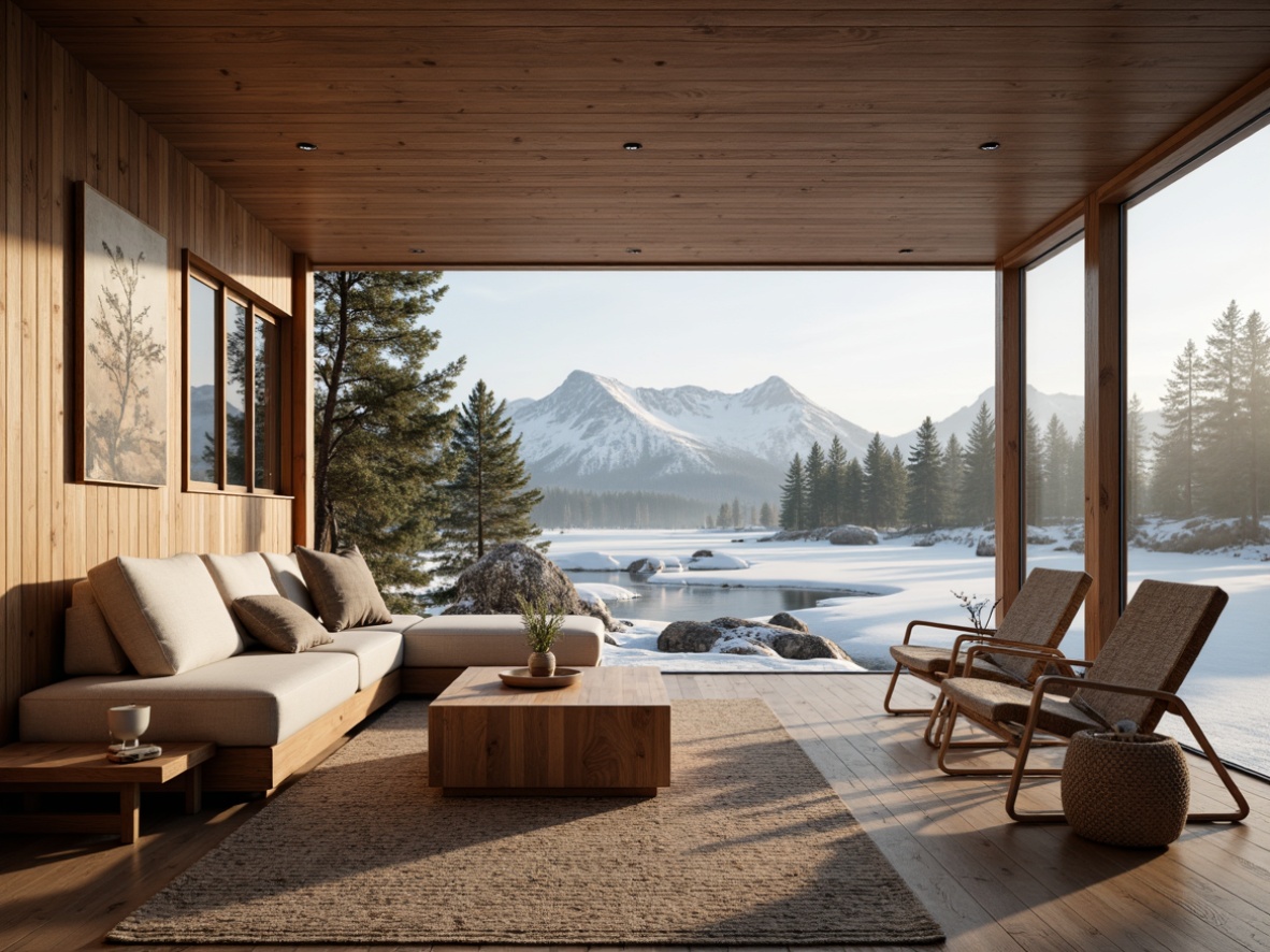 Prompt: Minimalist Nordic cabin, wooden accents, natural materials, eco-friendly furniture, recycled textiles, organic patterns, earthy color palette, cozy atmosphere, large windows, panoramic views, snow-capped mountains, frozen lakes, misty forests, soft warm lighting, shallow depth of field, 3/4 composition, realistic textures, ambient occlusion.