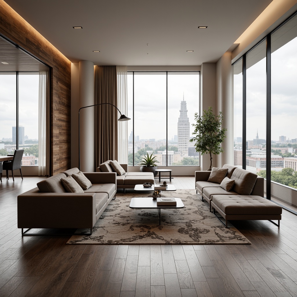 Prompt: Sleek modern living room, polished chrome legs, curved walnut wood accents, low-profile sofas, tufted velvet upholstery, minimalist coffee tables, geometric-patterned area rugs, floor-to-ceiling windows, cityscape views, soft indirect lighting, 1/1 composition, shallow depth of field, warm neutral color palette, rich textures, subtle metallic reflections.