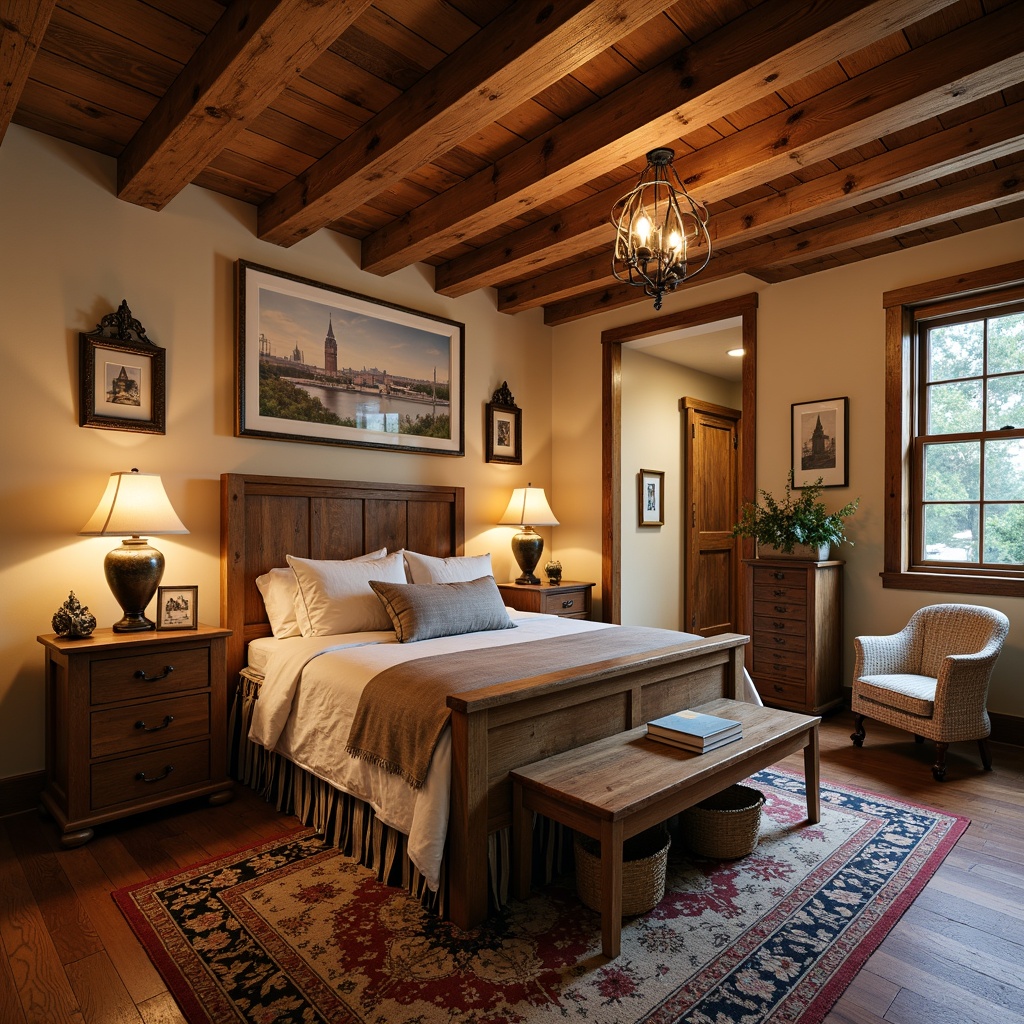 Prompt: Cozy craftsman bedroom, warm wooden accents, rustic metal fixtures, soft warm lighting, table lamps with linen shades, wrought iron chandeliers, pendant lights with copper details, natural wood ceiling beams, earthy color palette, plush area rugs, comfortable reading nooks, vintage decorative items, rich textiles, ornate furniture legs, distressed wood finishes, warm beige walls, inviting ambiance, shallow depth of field, 1/1 composition, realistic textures, ambient occlusion.