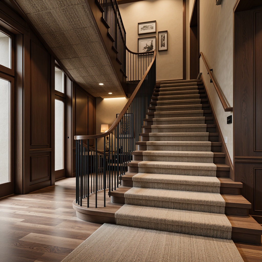 Prompt: Elegant staircase, luxurious carpet flooring, soft plush piles, subtle texture variation, rich color palette, sophisticated pattern designs, comfortable underfoot feeling, durable high-traffic performance, easy maintenance requirements, versatile material options, hardwood alternatives, modern metallic inlays, rustic wooden accents, bold statement pieces, dramatic LED lighting, dynamic shadow effects, 3/4 composition, realistic reflections, ambient occlusion.