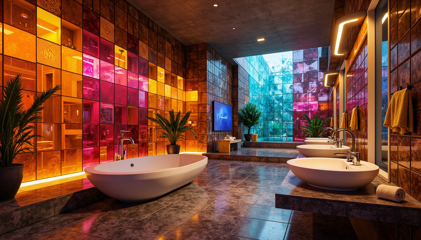 Prompt: Vibrant bathroom interior, bold colored glass accents, postmodern architecture, irregular shapes, fragmented forms, eclectic mix of materials, rich textures, luxurious ambiance, LED lighting, futuristic fixtures, minimalist sink designs, statement walls, geometric patterns, iridescent glass tiles, prismatic reflections, warm color palette, soft focus, shallow depth of field, 2/3 composition, artistic product photography.