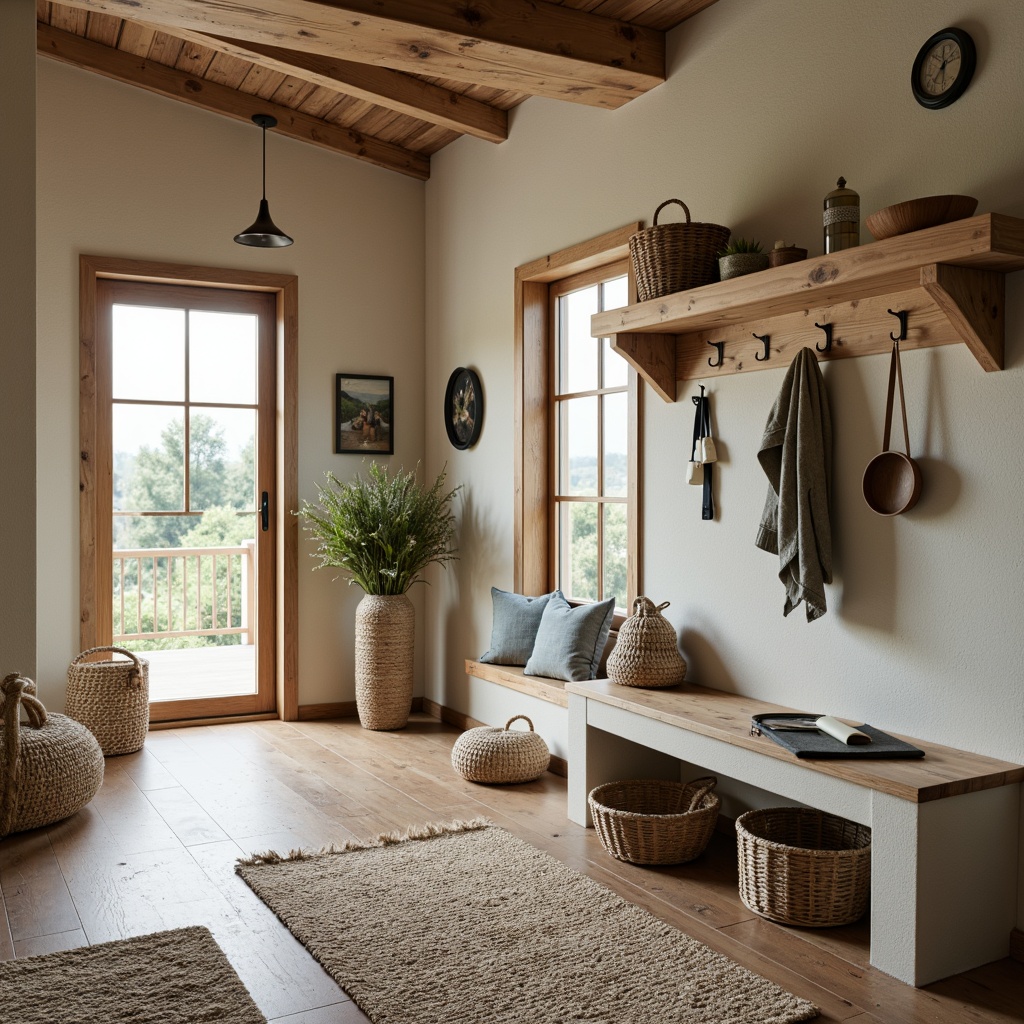 Prompt: Cozy mudroom, warm earthy tones, natural wood accents, rustic metal hardware, woven baskets, plush area rugs, soft creamy whites, calming blues, muted greens, earthy browns, textured stone walls, wooden bench seating, hooks for hanging, built-in shelving, softbox lighting, 1/1 composition, intimate atmosphere.