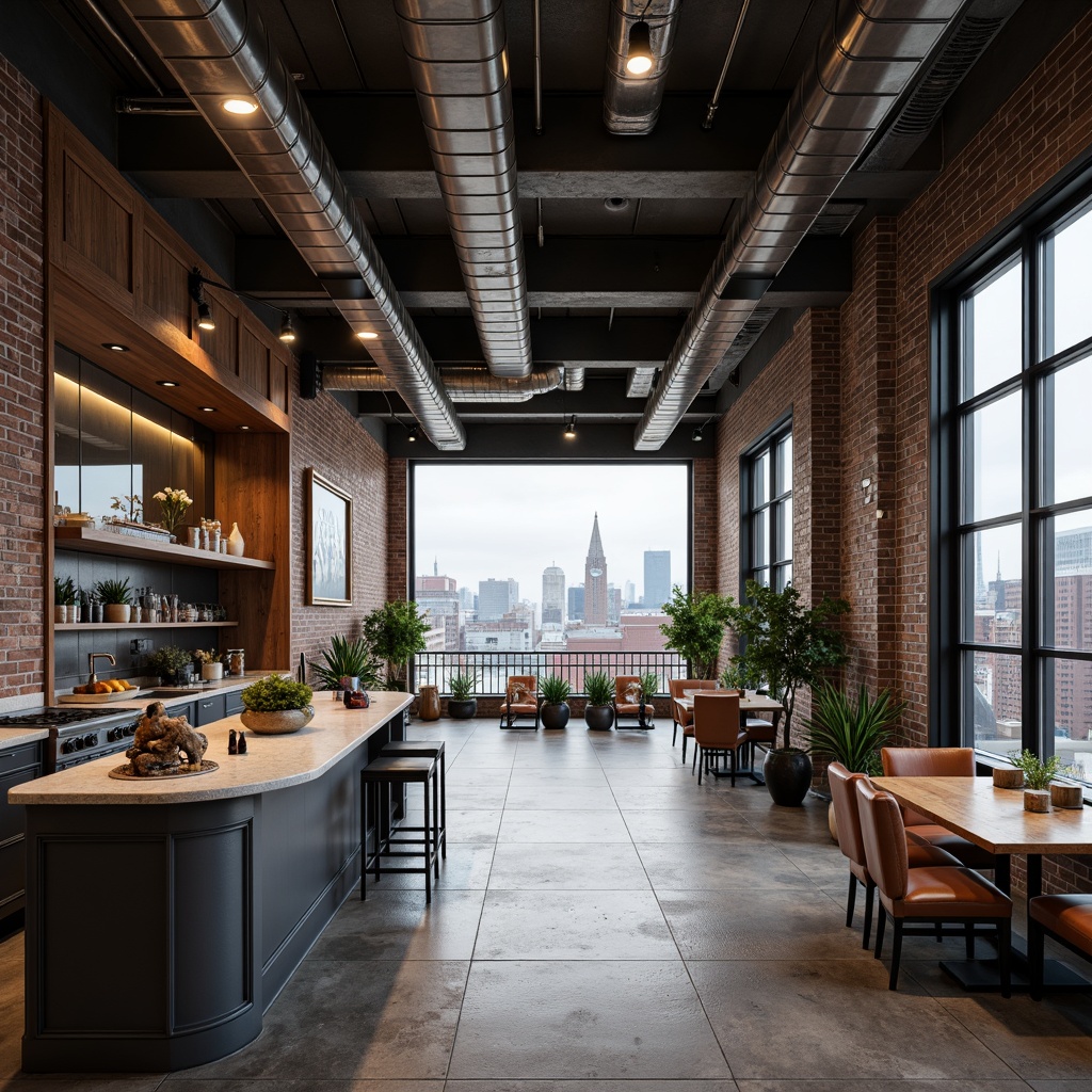 Prompt: Exposed ductwork, industrial metal beams, poured concrete floors, raw brick walls, reclaimed wood accents, minimalist decor, natural stone countertops, matte black fixtures, Edison bulb lighting, urban cityscape views, floor-to-ceiling windows, industrial-style sliding doors, distressed leather furniture, metallic color palette, moody atmospheric lighting, shallow depth of field, 1/2 composition, cinematic camera angles, realistic textures, ambient occlusion.