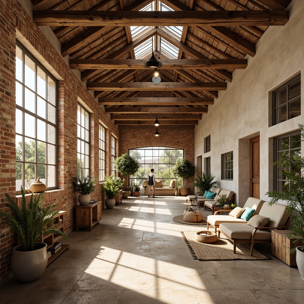 Prompt: Rustic warehouse interior, Mediterranean style, distressed wooden beams, exposed brick walls, natural stone flooring, large windows, clerestory windows, skylights, soft warm lighting, abundant daylight, industrial metal accents, vintage decorative items, earthy color palette, sandy beige tones, turquoise accents, woven textiles, potted plants, reclaimed wood shelves, wooden crates, cozy nooks, airy atmosphere, 1/1 composition, shallow depth of field, realistic textures, ambient occlusion.