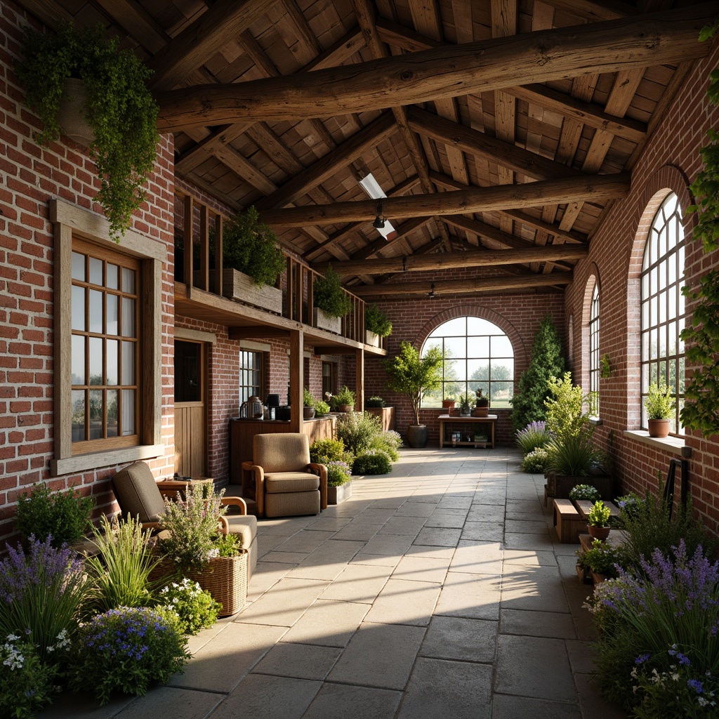 Prompt: Rustic airport farmhouse, exposed brick walls, distressed wooden beams, vintage farm tools, lush greenery, wildflowers, natural stone flooring, reclaimed wood accents, earthy color palette, warm soft lighting, shallow depth of field, 1/1 composition, realistic textures, ambient occlusion.