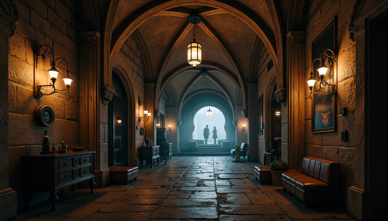 Prompt: Mysterious archways, dimly lit corridors, medieval-inspired stone walls, ornate Gothic columns, vaulted ceilings, grand chandeliers, mystical ambiance, eerie shadows, dramatic lighting, foggy atmosphere, ancient artifacts, mysterious relics, cryptic symbols, weathered stone floors, intricate carvings, heavy drapery, luxurious fabrics, rich wood accents, warm candlelight, shallow depth of field, 1/1 composition, atmospheric perspective.