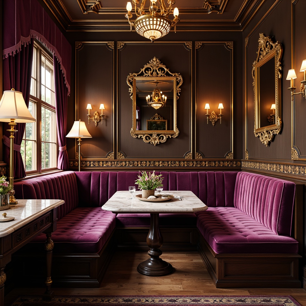 Prompt: Ornate breakfast nook, rich velvet fabrics, gilded wooden accents, intricate carvings, curved lines, luxurious upholstery, regal purple hues, golden lighting fixtures, ornamental mirrors, lavish marble countertops, antique furniture pieces, distressed finishes, warm candlelight, soft morning light, shallow depth of field, 1/1 composition, intimate atmosphere, realistic textures, ambient occlusion.