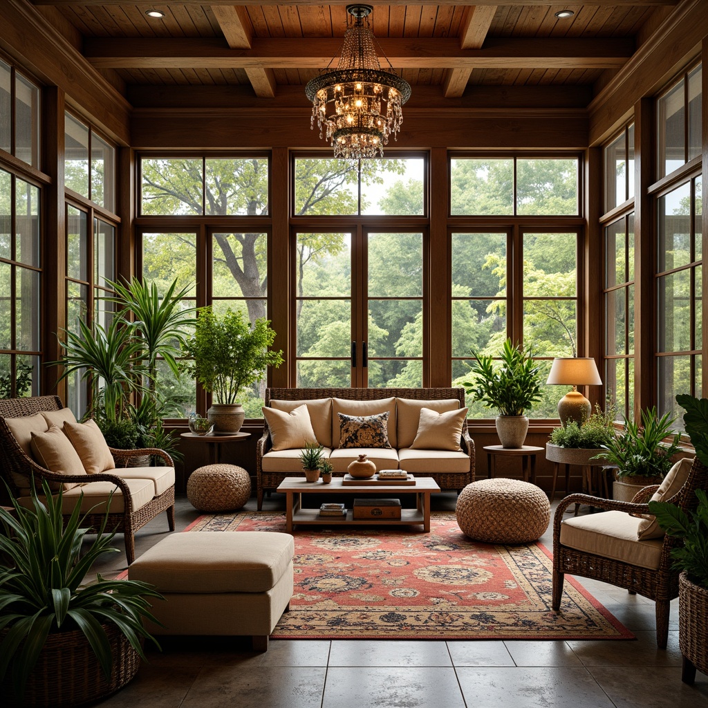 Prompt: Cozy sunroom, warm natural light, lush greenery, comfortable wicker furniture, plush cushions, soft velvet pillows, rustic wooden tables, ornate metal frames, vintage-inspired decor, richly textured rugs, earthy color palette, elegant chandeliers, crystal prisms, serene ambiance, relaxing atmosphere, Renaissance-style accents, classic lines, sophisticated patterns, natural stone flooring, panoramic views, sliding glass doors, warm sunny day, soft gentle lighting, shallow depth of field, 3/4 composition, realistic textures, ambient occlusion.