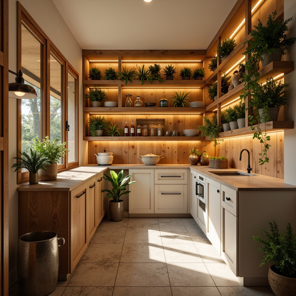 Prompt: Cozy pantry, warm beige walls, rich wood tones, soft golden lighting, rustic metal accents, earthy brown shelves, creamy white countertops, vibrant greenery, natural stone flooring, modern farmhouse style, spacious storage cabinets, decorative glass jars, warm neutral colors, inviting atmosphere, shallow depth of field, 1/1 composition, realistic textures, ambient occlusion.