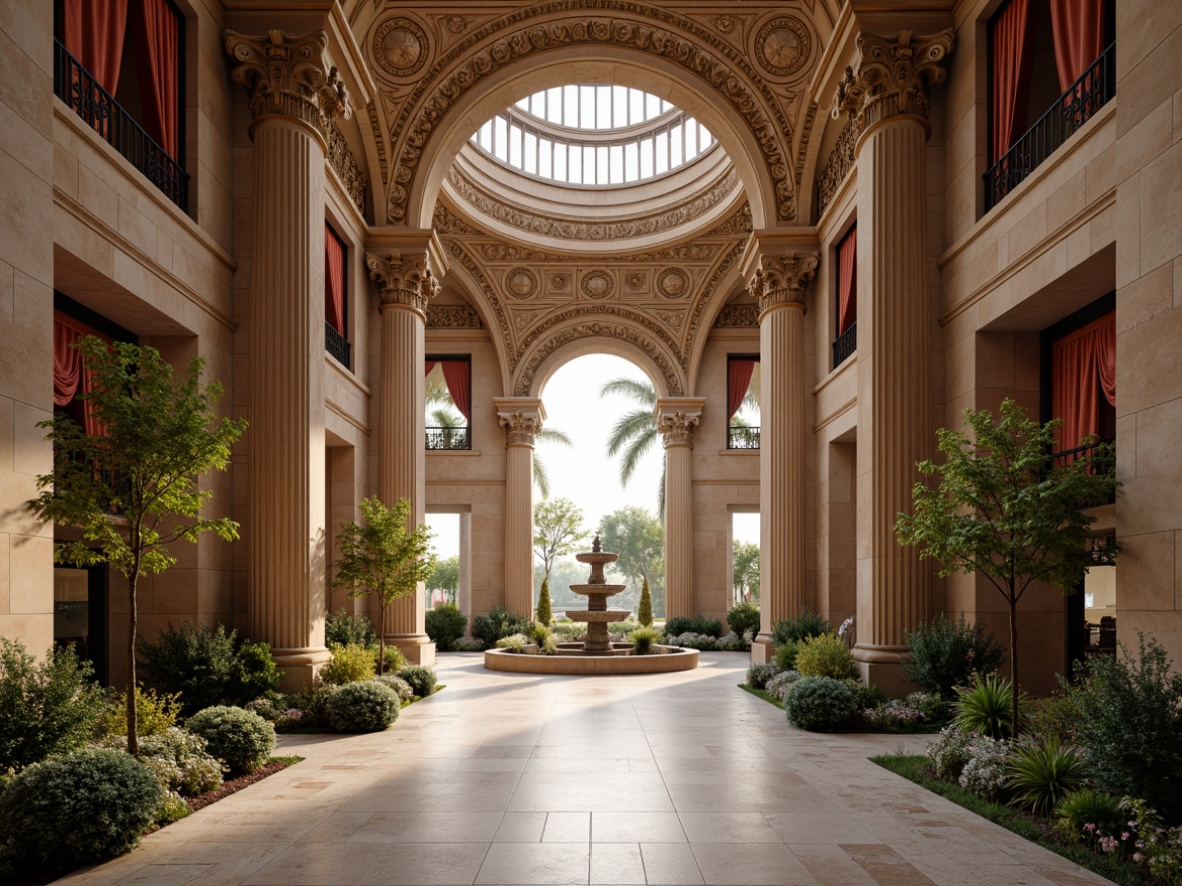 Prompt: Grand pavilion, ornate columns, intricately carved facades, polished marble floors, luxurious velvet drapes, gilded accents, refined neoclassical architecture, symmetrical composition, soft warm lighting, subtle shadows, realistic textures, ambient occlusion, natural stone walls, ornamental fountains, lush greenery, blooming flowers, serene atmosphere, 3/4 composition, panoramic view.