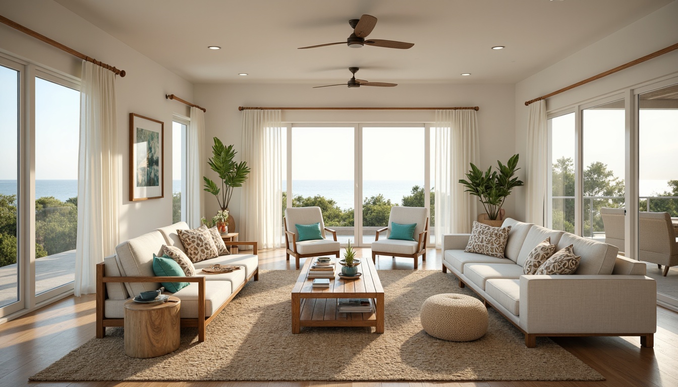 Prompt: Coastal living room, soft white walls, driftwood furniture, woven sea grass rugs, natural fiber textiles, ocean-inspired color palette, calming turquoise accents, shell decorations, coral patterns, floor-to-ceiling windows, sliding glass doors, unobstructed beach views, warm golden lighting, gentle morning sunbeams, shallow depth of field, 2/3 composition, realistic wood textures, ambient occlusion.