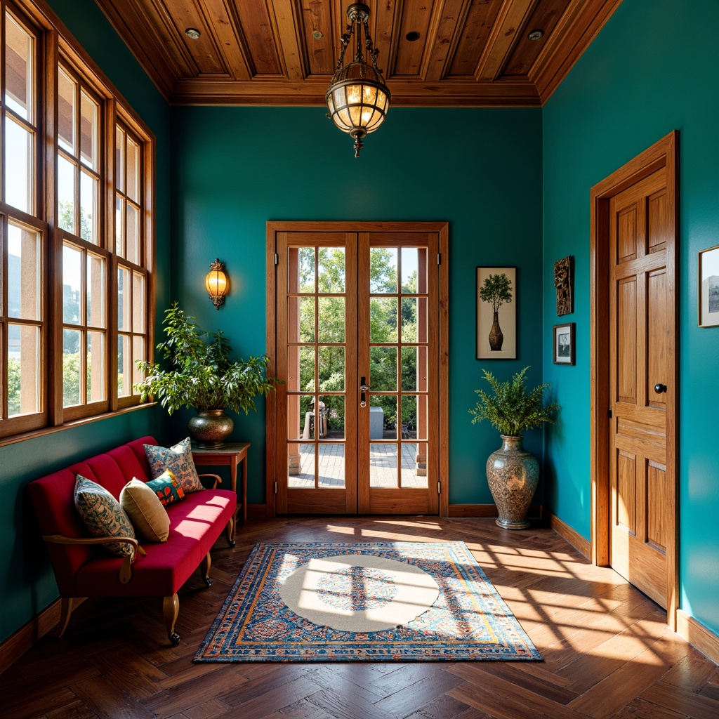 Prompt: Vibrant eclectic entryway, rich jewel-toned walls, bold turquoise accents, distressed wooden doors, ornate metal hardware, colorful Moroccan tiles, plush velvet furnishings, statement lighting fixtures, abstract artwork, mixed metallic textures, warm golden lighting, shallow depth of field, 1/2 composition, dramatic shadows, realistic reflections.