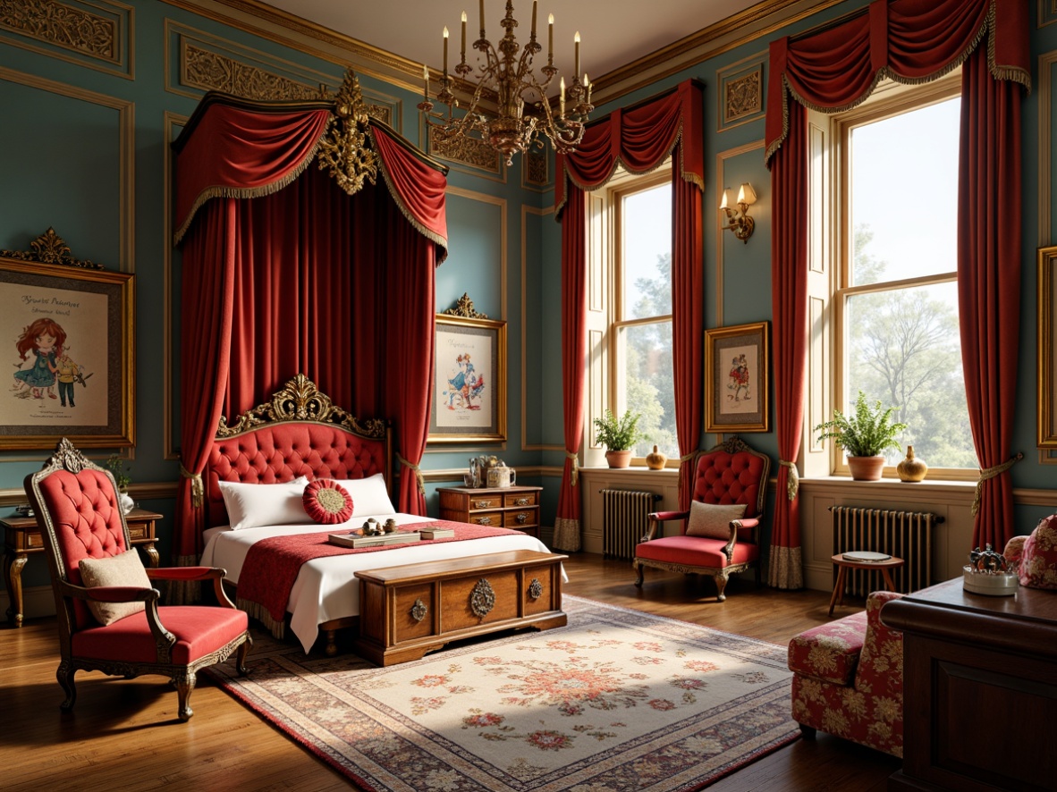 Prompt: Richly ornate kids' room, Victorian-era inspired furniture, intricately carved wooden chairs, plush velvet upholstery, golden accents, antique brass fixtures, ornamental mirrors, lavish curtains, soft warm lighting, shallow depth of field, 3/4 composition, whimsical fantasy illustrations, vibrant colorful fabrics, delicate lace trimmings, intricate floral patterns, majestic four-poster beds, regal canopies, playful toy storage chests, vintage-inspired educational posters.