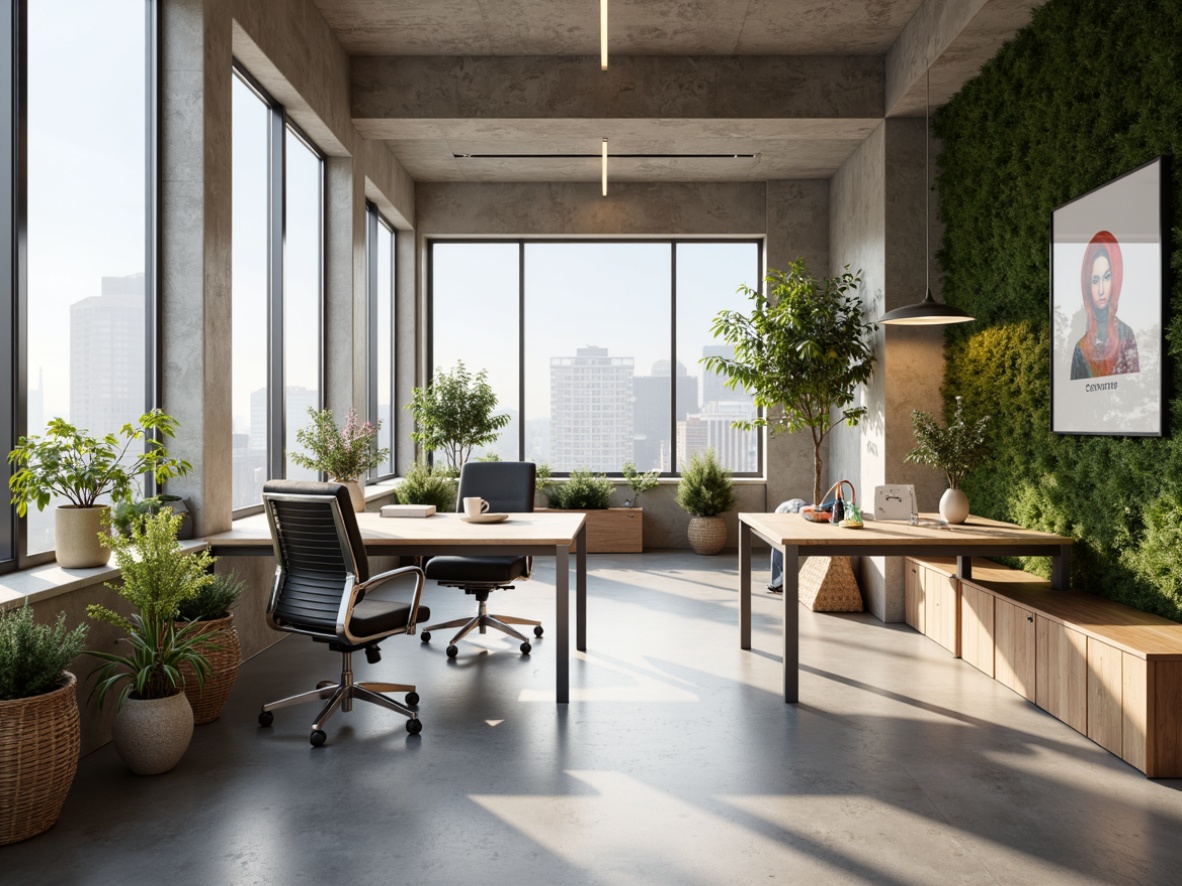 Prompt: Minimalist office space, Scandinavian style furniture, light wood tones, sleek metal frames, ergonomic chairs, minimalist desks, natural textiles, woven baskets, greenery walls, industrial chic lighting, concrete floors, large windows, urban city views, modern architecture, Nordic-inspired decor, abstract artwork, pastel color palette, soft warm lighting, shallow depth of field, 1/1 composition, realistic textures, ambient occlusion.