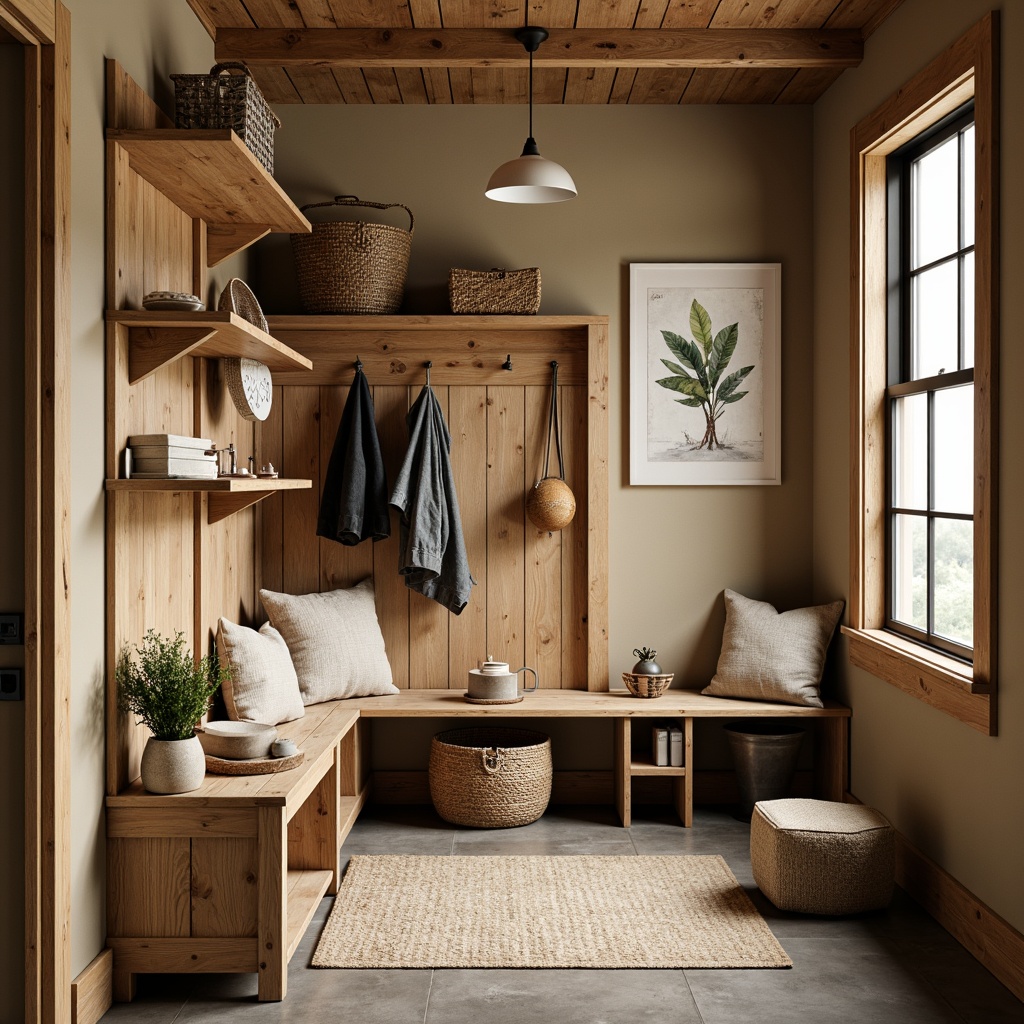 Prompt: Rustic mudroom, earthy tones, warm beige walls, natural wood accents, weathered metal decor, vintage-inspired furniture, distressed finishes, cozy textiles, soft warm lighting, shallow depth of field, 3/4 composition, realistic textures, ambient occlusion.