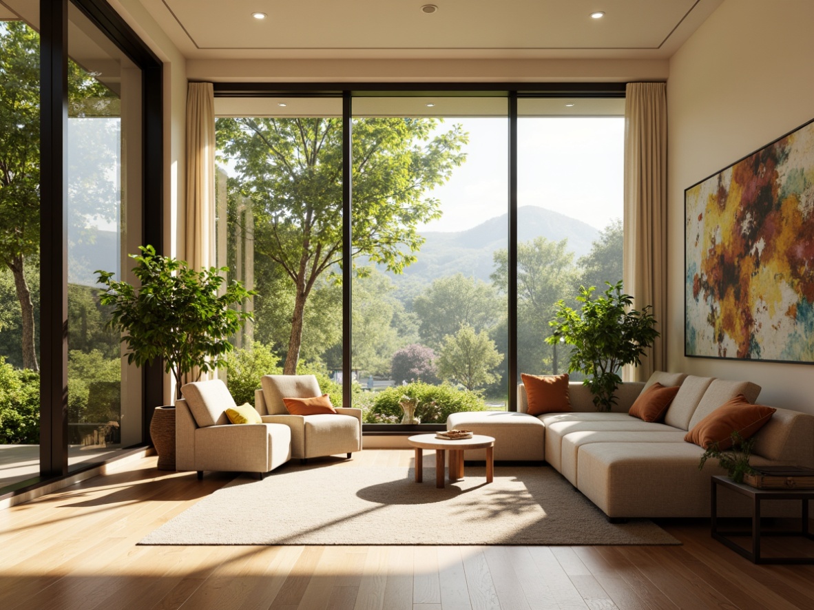 Prompt: Vibrant living room, floor-to-ceiling windows, minimal window frames, sheer curtains, reflective surfaces, polished wooden floors, cream-colored walls, cozy reading nook, plush armchairs, natural textiles, lush greenery, potted plants, warm sunny day, soft diffused lighting, shallow depth of field, 1/1 composition, panoramic view, realistic textures, ambient occlusion.