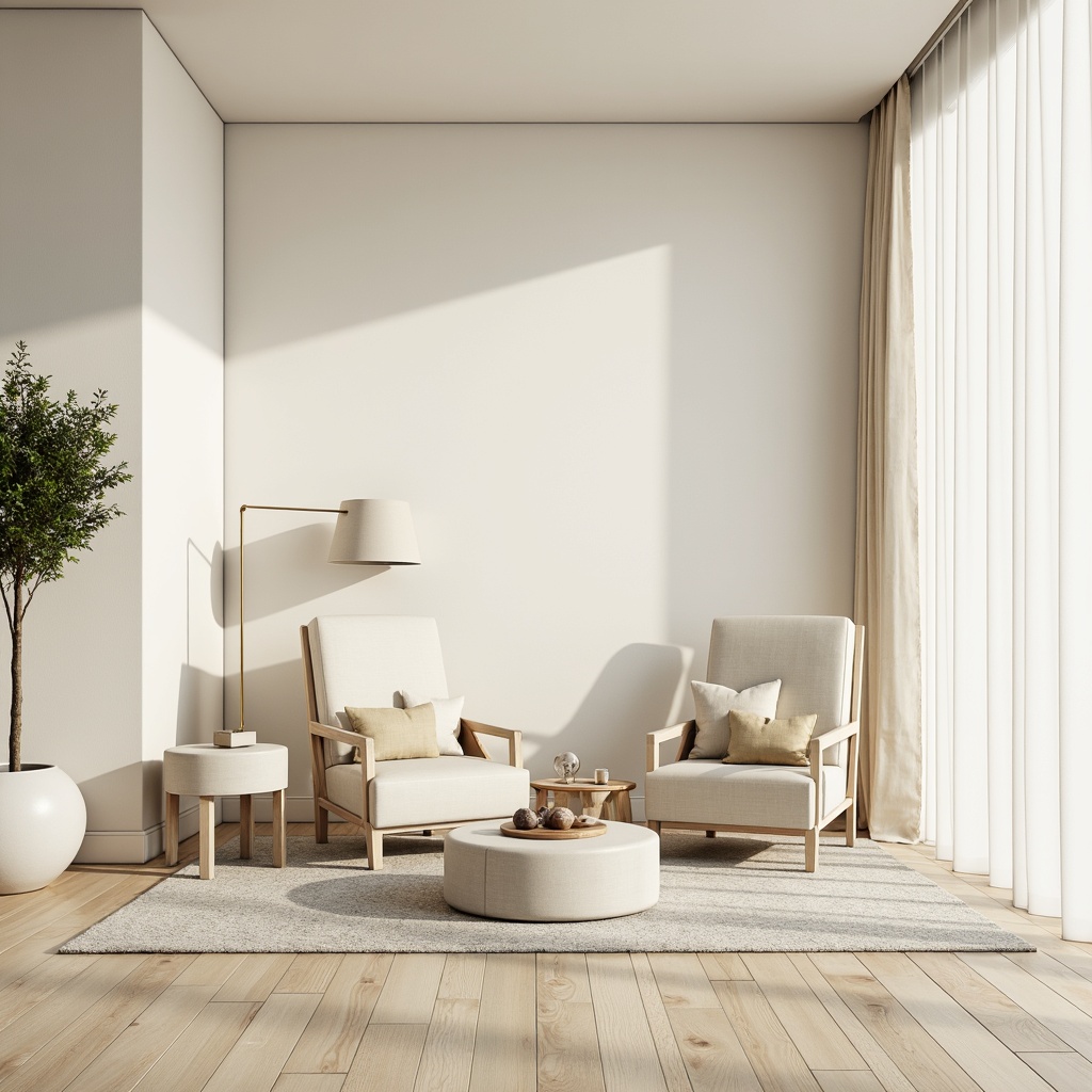 Prompt: Monochromatic interior, soft cream walls, pale wood floors, minimalist furniture, clean lines, simple shapes, subtle textures, muted pastel colors, calming atmosphere, natural light, sheer curtains, sparse decor, elegant simplicity, Scandinavian influence, airy feel, low-key contrast, 1/1 composition, softbox lighting, realistic render.