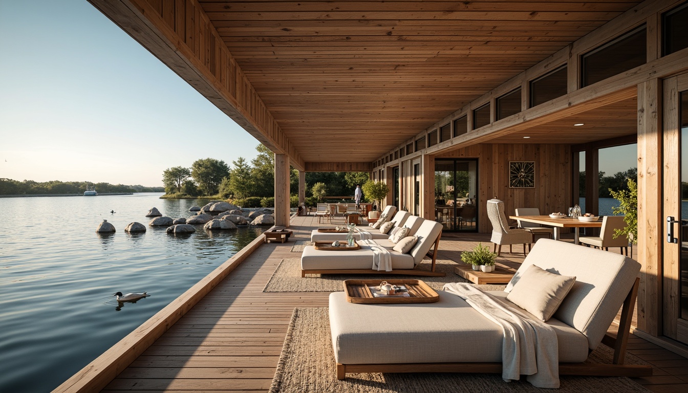 Prompt: Waterfront boathouse, expansive decks, panoramic lake views, natural wood accents, nautical-themed decor, floor-to-ceiling windows, sliding glass doors, open-plan living areas, minimalist chic interiors, reclaimed wood flooring, comfortable lounging furniture, warm rustic lighting, shallow depth of field, 3/4 composition, realistic water reflections, ambient occlusion.