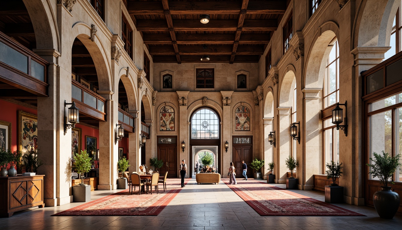 Prompt: Renaissance-style distribution center, ornate stone fa\u00e7ade, grand archways, rusticated quoins, symmetrical composition, ornamental metalwork, decorative lanterns, rich wood accents, luxurious textiles, intricate patterns, vibrant colors, high ceilings, large windows, natural light, soft warm lighting, shallow depth of field, 3/4 composition, panoramic view, realistic textures, ambient occlusion.