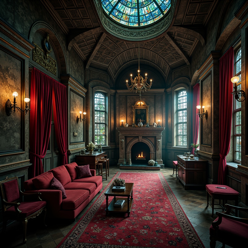 Prompt: Richly ornate interiors, dark mysterious ambiance, vaulted ceilings, stained glass windows, grandiose chandeliers, intricate stone carvings, lavish velvet drapes, mystical crimson reds, midnight blues, eerie emerald greens, somber charcoal grays, luxurious gold accents, ornate wooden furniture, mysterious candlelight, dramatic shadows, intense atmospheric lighting, 3/4 composition, low-key color harmony, mystical ambiance.