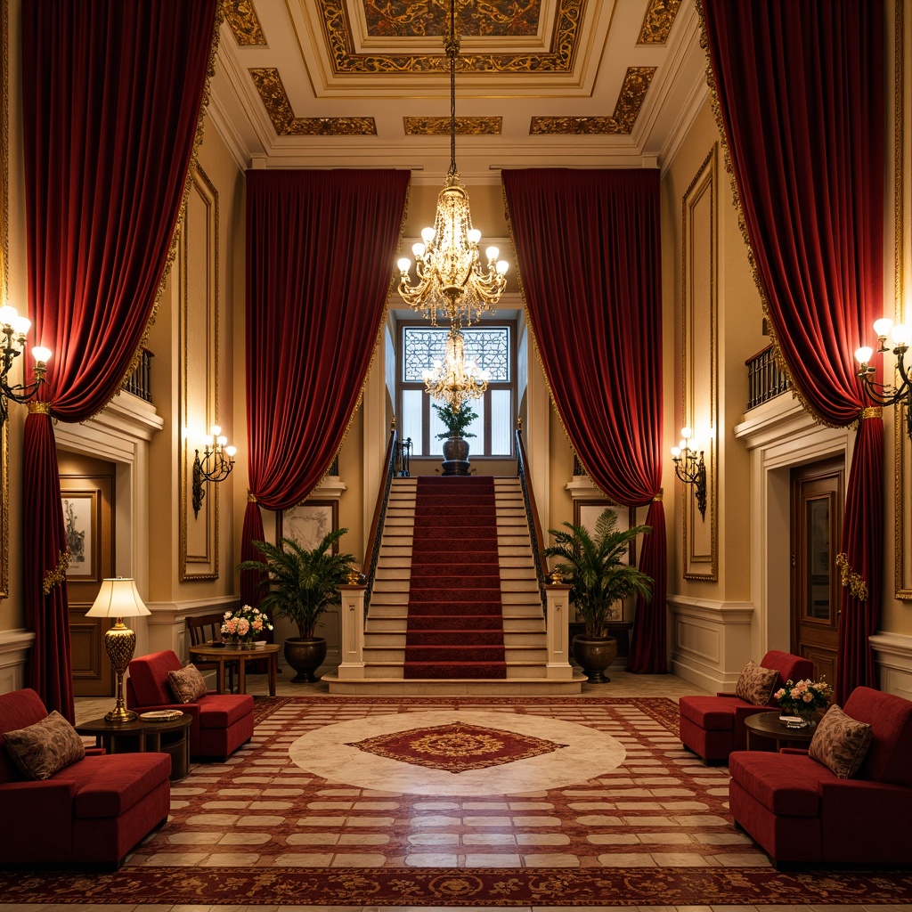 Prompt: Rich velvet drapes, ornate gold accents, luxurious wood paneling, lavish chandeliers, intricately patterned carpets, warm beige walls, opulent marble floors, lavish red furnishings, vintage bronze fixtures, dramatic ceiling heights, grand staircase, subtle ambient lighting, 1/2 composition, shallow depth of field, realistic textures, soft warm glow.