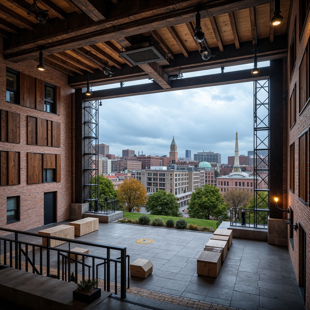 Prompt: Industrial amphitheater, exposed brick walls, metallic beams, concrete flooring, reclaimed wood accents, sound-absorbing panels, acoustic diffusers, hanging stage lights, tiered seating areas, rustic metal railings, natural stone walkways, urban cityscape views, cloudy blue sky, soft warm lighting, shallow depth of field, 3/4 composition, panoramic view, realistic textures, ambient occlusion.