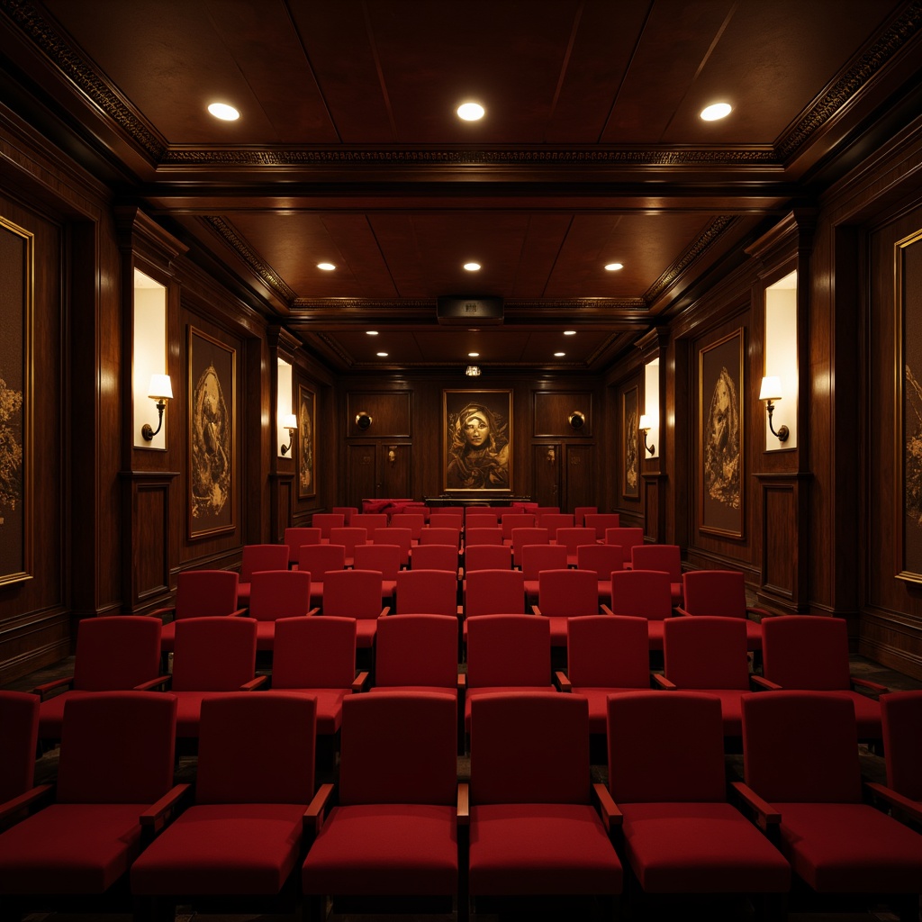 Prompt: Intimate theater setting, dark wood paneling, plush red velvet seats, golden ornate details, subtle ambient lighting, sound-absorbing acoustic panels, diffusion patterns, scattering surfaces, bass traps, resonance control, precise speaker placement, 3D audio rendering, immersive cinematic experience, soft warm glow, shallow depth of field, 2/3 composition, realistic textures, ambient occlusion.