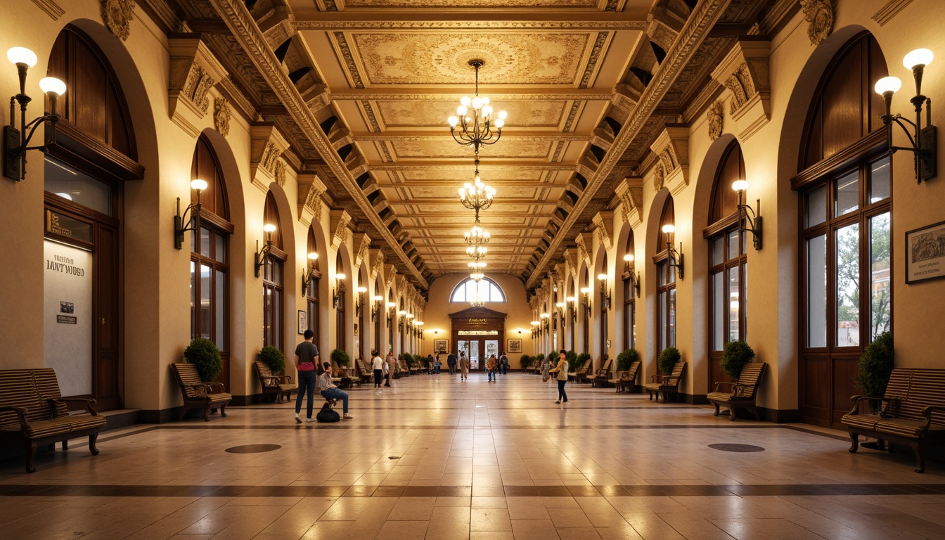 Prompt: Grand metro station, traditional architectural style, ornate ceramic tiles, warm beige walls, decorative moldings, classic stone columns, elegant chandeliers, refined wooden accents, luxurious marble floors, intricate metalwork, vintage-style signage, soft warm lighting, shallow depth of field, 1/1 composition, realistic textures, ambient occlusion.