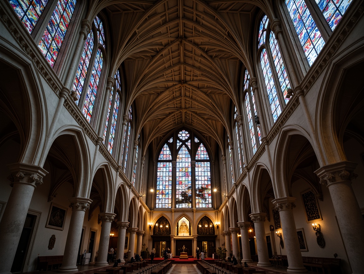 Prompt: Intricate stone carvings, pointed arches, ribbed vaults, ornate tracery, stained glass windows, vibrant color patterns, dramatic light filtering, grandiose cathedral architecture, medieval-inspired design, mysterious ambiance, mystical atmosphere, subtle warm lighting, shallow depth of field, 1/2 composition, detailed textures, ambient occlusion.