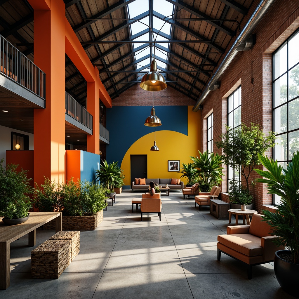 Prompt: Industrial warehouse, exposed brick walls, metal beams, polished concrete floors, pops of bright colors, vibrant orange accents, bold yellow highlights, deep blue undertones, rich greenery, lush plants, natural textures, reclaimed wood furniture, industrial-chic decor, modern lighting fixtures, sleek metal shades, warm ambient glow, shallow depth of field, 1/1 composition, realistic reflections.