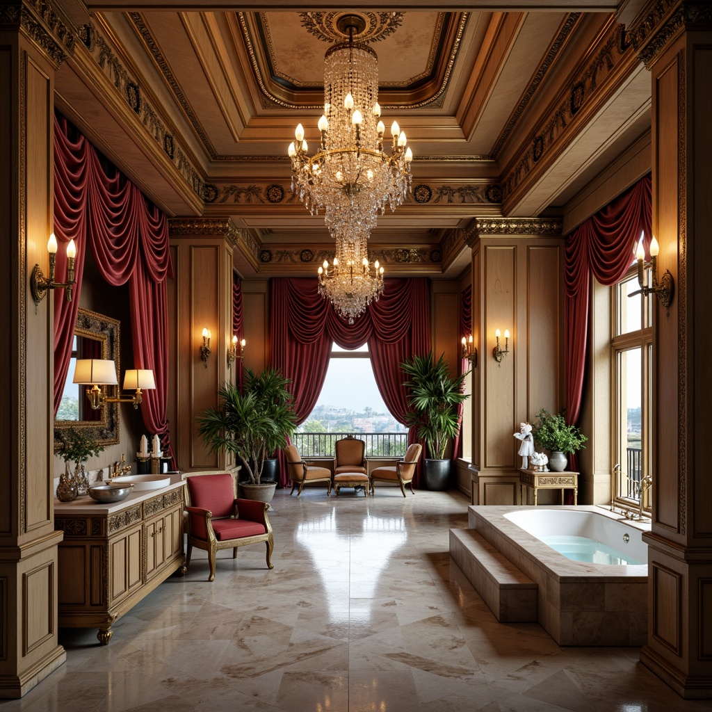 Prompt: Opulent mansion, lavish furnishings, rich velvet drapes, polished marble floors, intricate wooden carvings, luxurious silk fabrics, regal crystal chandeliers, ornate gold accents, majestic stone columns, grand staircase, lavish master bedroom, spa-inspired bathroom, freestanding tub, rain showerhead, ambient warm lighting, shallow depth of field, 1/1 composition, realistic textures, subtle camera movements.