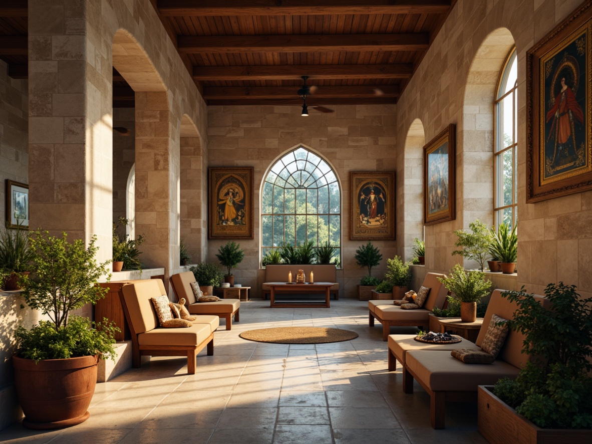 Prompt: Soothing monastery interior, natural stone walls, wooden accents, rustic furniture, soft candlelight, warm beige tones, earthy brown hues, calming blue-gray shades, rich gold details, ornate tapestries, stained glass windows, vaulted ceilings, peaceful ambiance, subtle shadows, warm afternoon light, shallow depth of field, 1/1 composition, realistic textures, ambient occlusion.