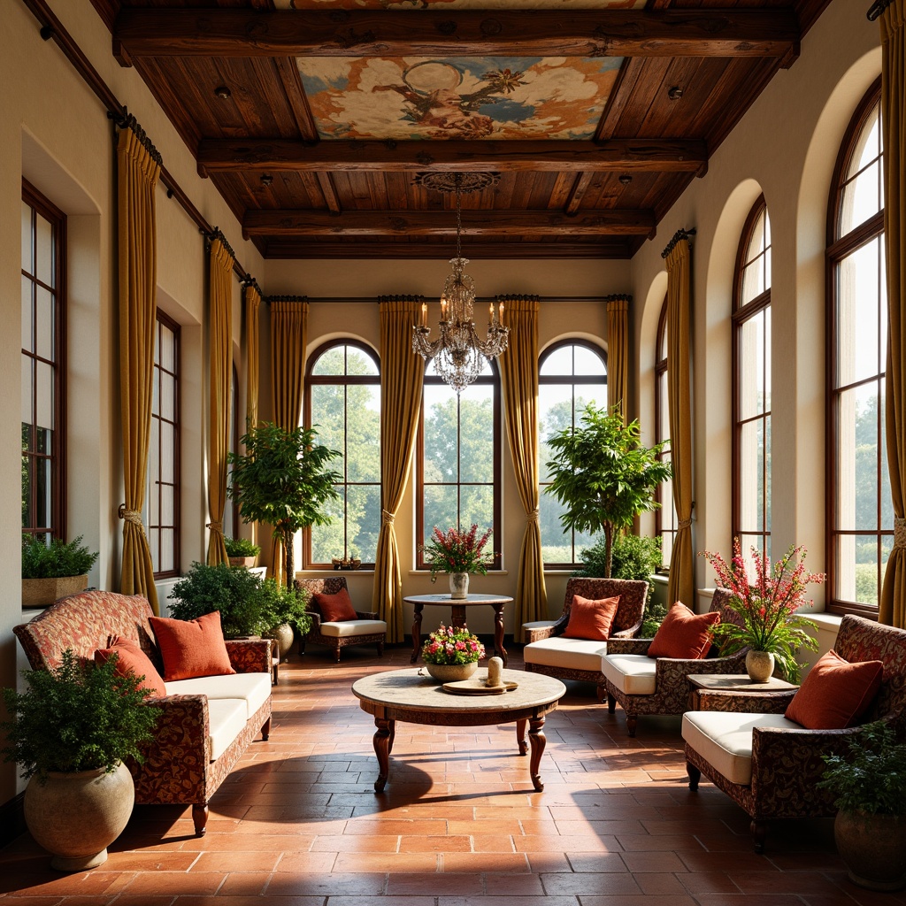 Prompt: Warm sunroom, rich wood accents, ornate stone carvings, Renaissance-inspired furniture, velvety drapes, golden tapestries, soft cream walls, distressed wooden beams, elegant chandeliers, warm terracotta floors, lush greenery, vibrant floral arrangements, natural light pouring in, high ceilings, grand archways, subtle fresco details, warm beige tones, earthy red hues, soft golden lighting, shallow depth of field, 1/1 composition, intimate atmosphere.