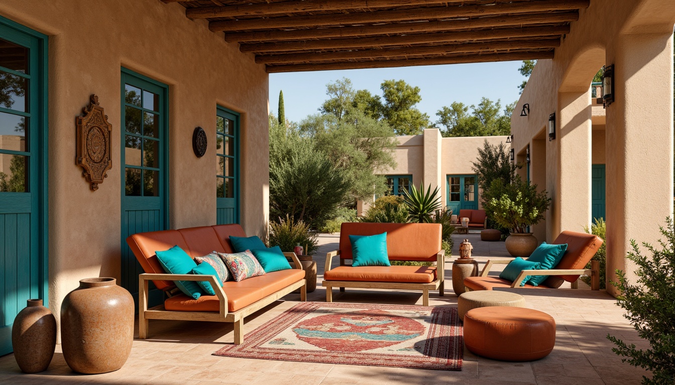 Prompt: Vibrant turquoise accents, rustic wooden furniture, woven Navajo patterns, earthy terracotta floors, distressed leather upholstery, colorful ceramic vases, geometric-shaped rugs, adobe-style walls, warm beige stucco textures, traditional Native American pottery, ornate metal lanterns, lush greenery, cactus plants, sunny day, soft warm lighting, shallow depth of field, 3/4 composition, panoramic view, realistic textures, ambient occlusion.