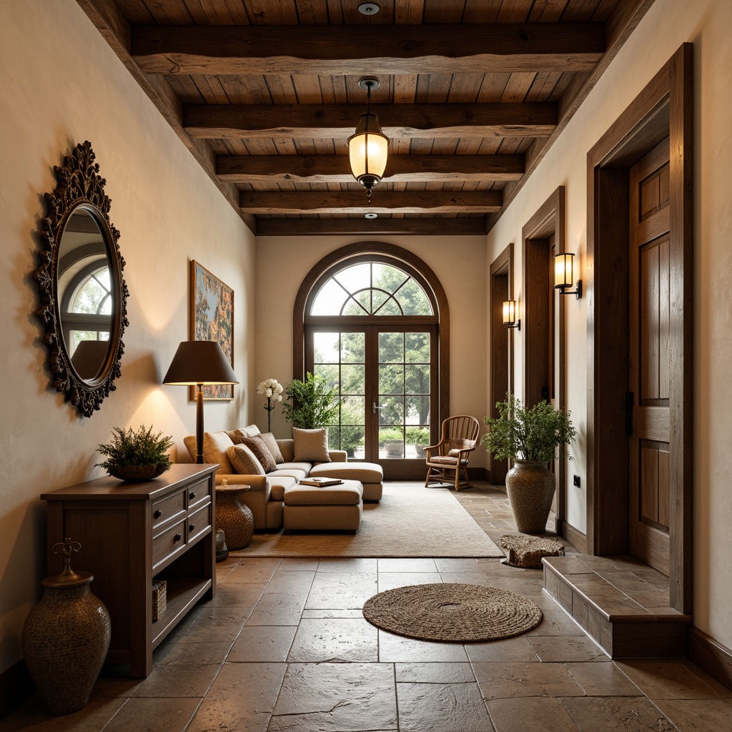 Prompt: Rustic mudroom, renaissance-inspired decor, warm earthy tones, natural stone flooring, wooden accents, vintage metal fixtures, ornate mirrors, distressed finishes, soft warm lighting, table lamps, floor lamps, pendant lights, bronze hardware, woven baskets, plush area rugs, rich wood paneling, classic furniture pieces, cozy reading nooks, warm beige walls, creamy white trim, elegant archways, subtle shading, 1/2 composition, realistic textures, ambient occlusion.