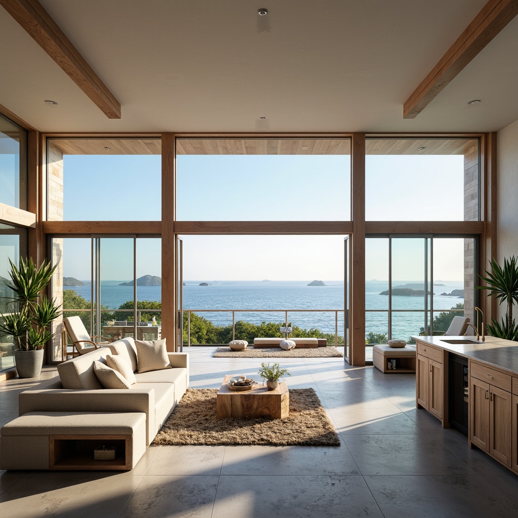 Prompt: Breathtaking ocean views, expansive open floor plan, high ceilings, floor-to-ceiling windows, sliding glass doors, natural stone flooring, beach-inspired color palette, driftwood accents, plush area rugs, sleek minimalist decor, modern coastal chic furniture, built-in banquettes, gourmet kitchen island, stainless steel appliances, quartz countertops, spa-like master bathroom, freestanding tub, rain showerhead, ambient soft lighting, 1/1 composition, shallow depth of field, warm sunny day, gentle sea breeze, panoramic view, realistic textures, subtle ocean sounds.