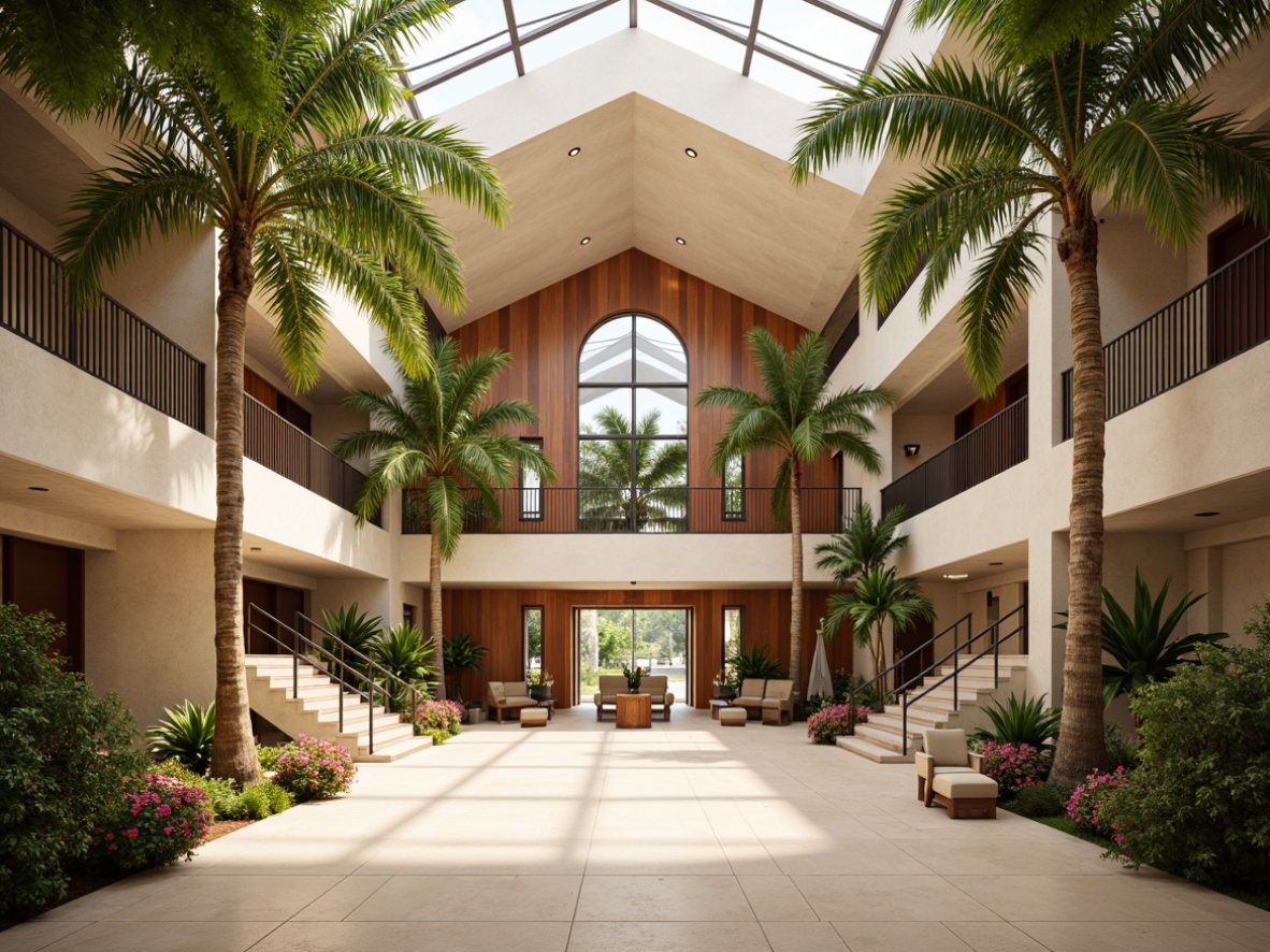 Prompt: Tropical courthouse, grand entrance, vaulted ceiling, natural stone walls, wooden accents, lush greenery, palm trees, exotic flowers, warm beige tones, large windows, clerestory lighting, soft diffused light, airy atmosphere, spacious atrium, open staircases, minimal ornamentation, elegant furnishings, polished wood floors, subtle texture variations, shallow depth of field, 1/1 composition, realistic reflections, ambient occlusion.