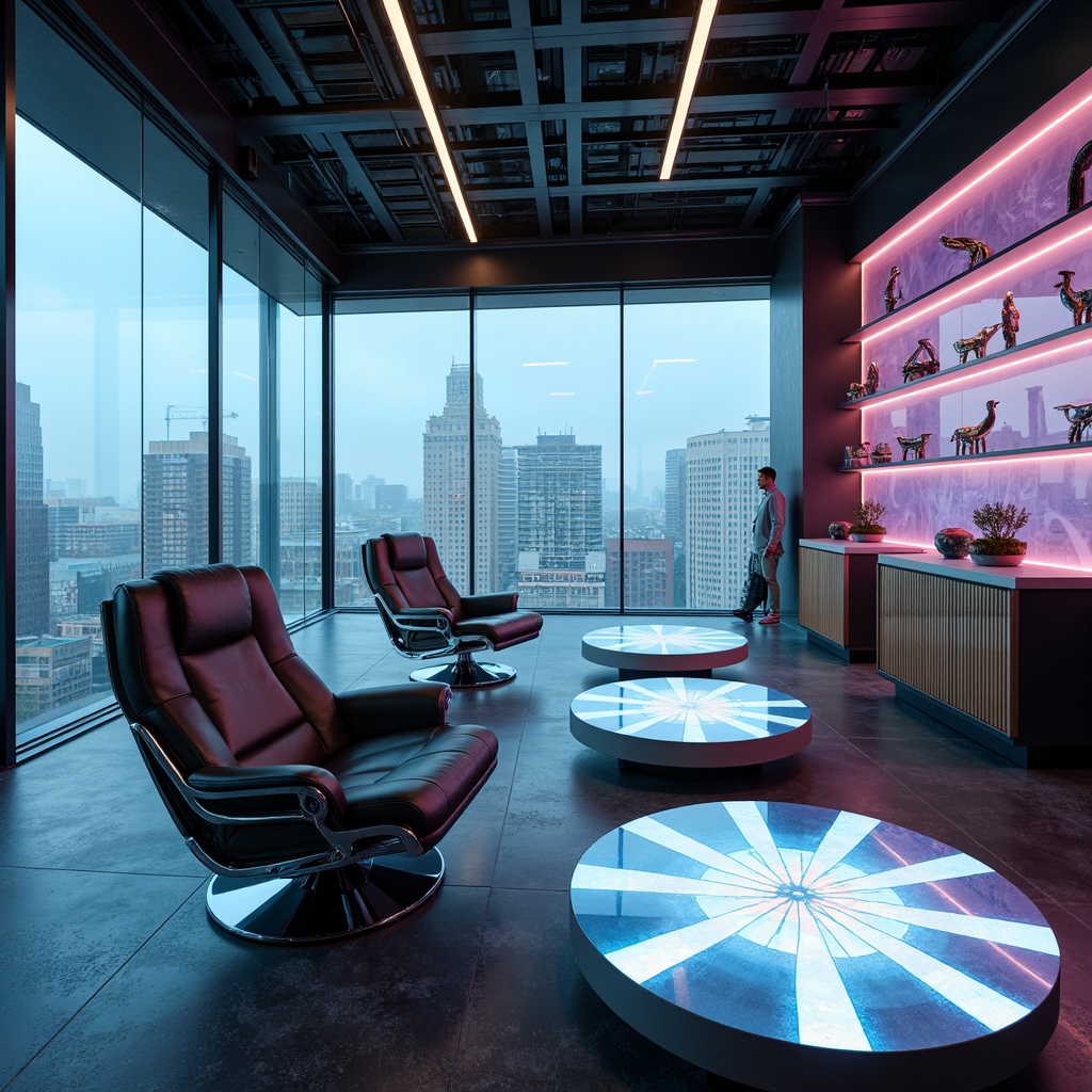 Prompt: Futuristic lounge chairs, sleek metallic frames, glowing neon accents, holographic coffee tables, levitating shelves, minimalist console tables, ambient LED lighting, virtual reality headsets, curved glass walls, polished chrome legs, avant-garde sculptures, iridescent fabrics, 3D-printed decorative panels, translucent acrylic surfaces, cyberpunk-inspired patterns, high-tech ergonomic designs, panoramic cityscape views, soft misty atmosphere, shallow depth of field, cinematic composition.