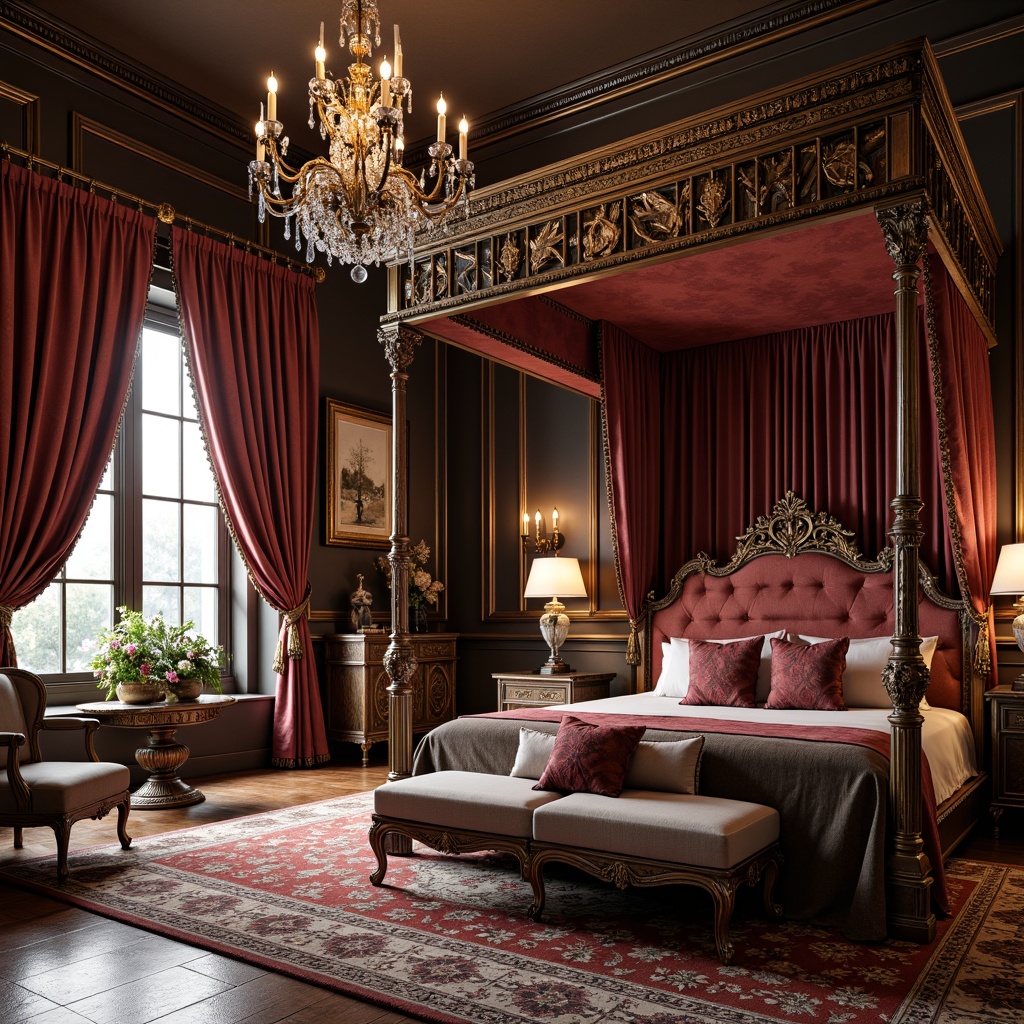 Prompt: Opulent throne chairs, intricately carved wooden frames, luxurious velvet upholstery, gilded metal accents, ornate mirrors, crystal chandeliers, richly patterned rugs, grandiose curtains, majestic four-poster beds, lavish dressers, ornamental cabinets, heavily draped canopies, soft warm lighting, dramatic shadows, highly detailed textures, realistic reflections.