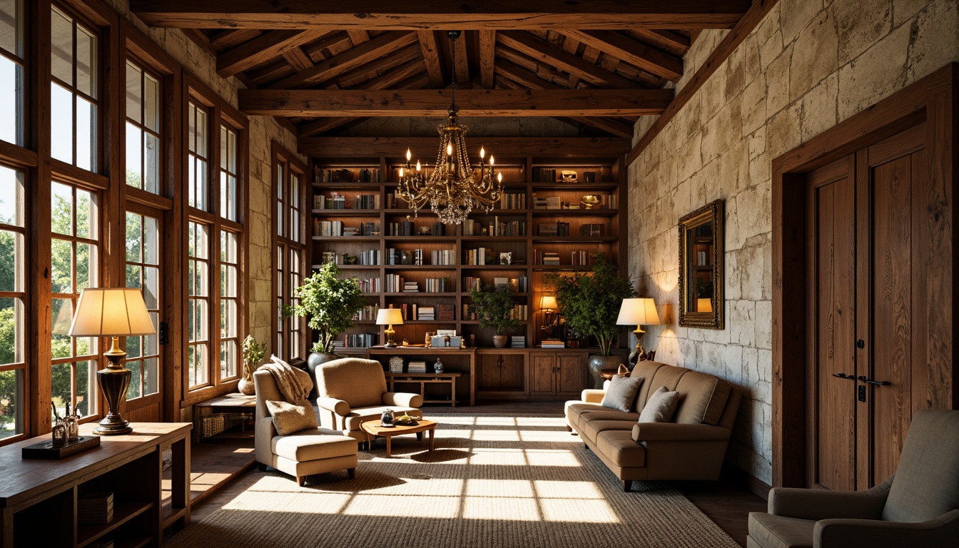 Prompt: Rustic wooden beams, distressed stone walls, vintage bookshelves, ornate metalwork, soft warm glow, table lamps with linen shades, floor lamps with bronze accents, pendant lights with crystal drops, candle-style chandeliers, rich wood tones, natural fabrics, earthy color palette, cozy reading nooks, comfortable seating areas, large wooden doors, stained glass windows, afternoon sunlight, warm golden lighting, shallow depth of field, 3/4 composition, realistic textures, ambient occlusion.