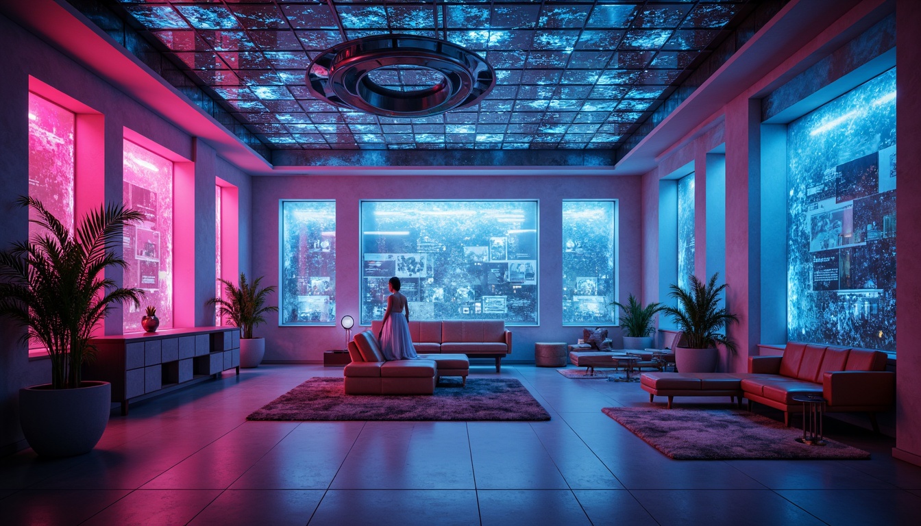 Prompt: Futuristic interior space, neon-lit ambiance, glowing accents, holographic projections, sleek metallic surfaces, iridescent glass panels, ambient LED lighting, luminescent ceiling installations, dynamic color shifting, high-tech gadgetry, minimalist decor, avant-garde furniture designs, polished chrome fixtures, virtual reality interfaces, cyberpunk-inspired aesthetics, moody atmospheric shadows, dramatic spotlights, cinematic camera angles, 3/4 composition, shallow depth of field, vibrant futuristic color palette.