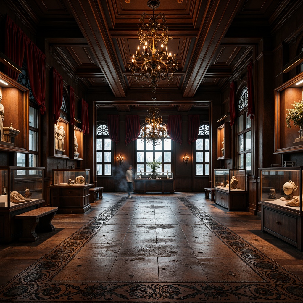 Prompt: Dark wooden planks, distressed stone flooring, ornate metal inlays, intricate mosaic patterns, grand high ceilings, dramatic chandeliers, stained glass windows, rich velvet drapes, mysterious alcoves, ancient artifacts displays, warm atmospheric lighting, soft shadows, 1/1 composition, shallow depth of field, realistic textures, ambient occlusion.