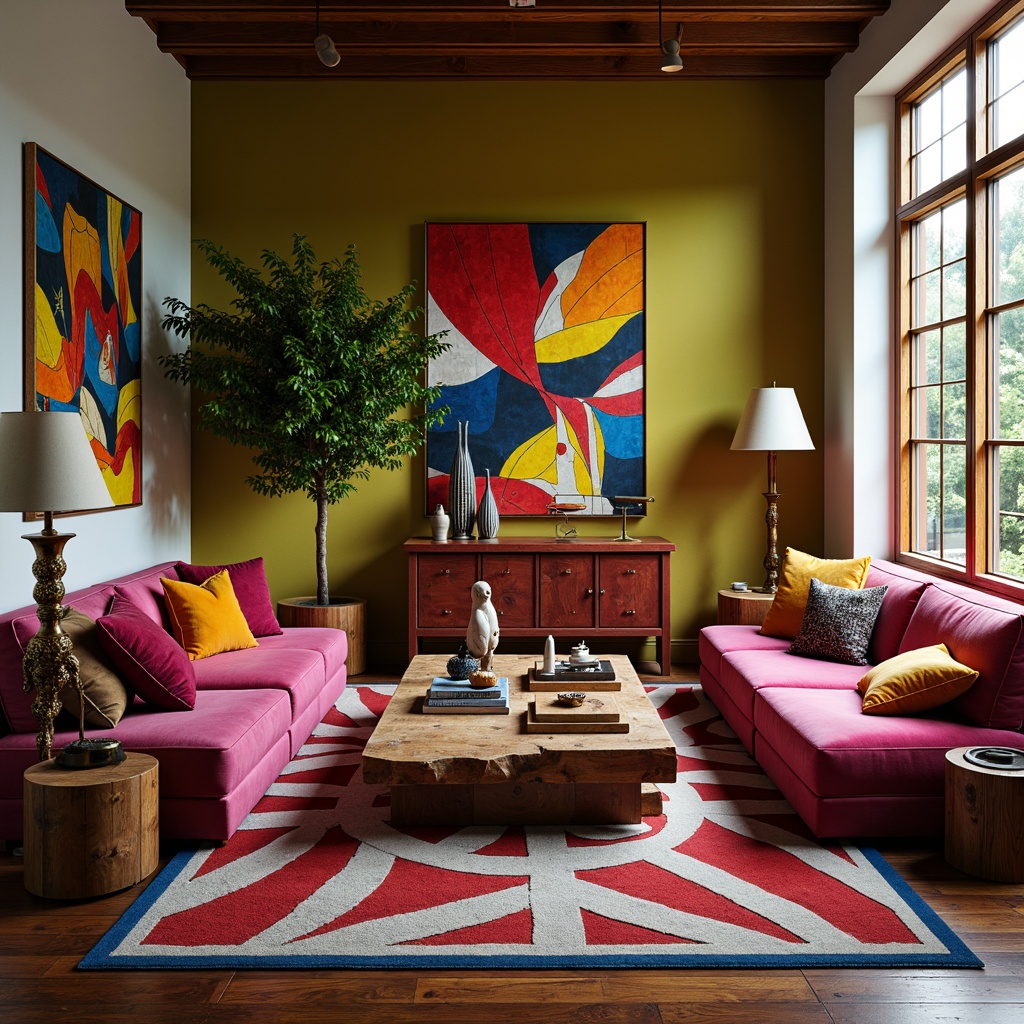 Prompt: Vibrant postmodern living room, eclectic furniture mix, bold color blocking, abstract art pieces, ornate metal accents, curved lines, asymmetrical shapes, plush velvet sofas, chunky wooden coffee tables, geometric patterned rugs, oversized lamps, unconventional decor, avant-garde sculptures, rich textures, playful lighting effects, dramatic shadows, 1/1 composition, low-key warm tones, cinematic atmosphere.