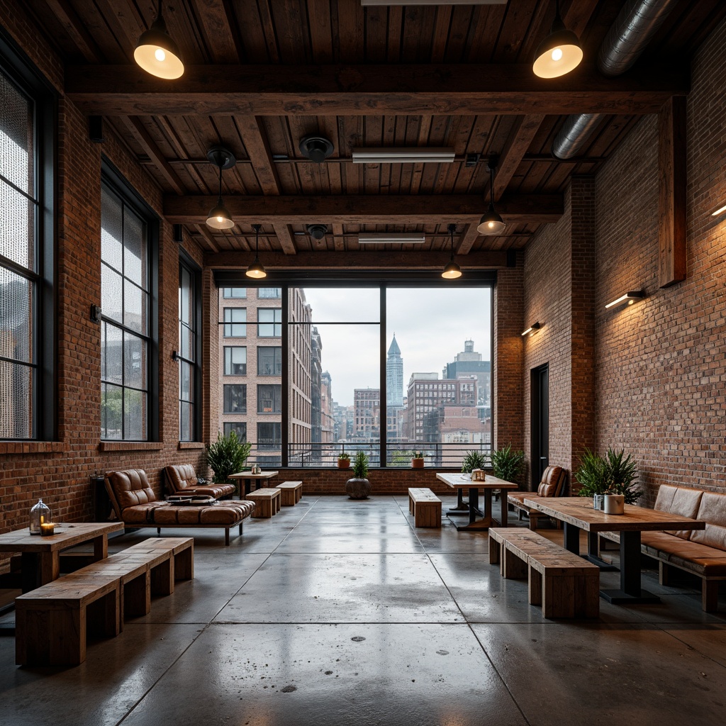 Prompt: Exposed brick walls, rusty metal beams, reclaimed wood accents, polished concrete floors, industrial-style lighting fixtures, distressed leather furniture, metallic mesh screens, corrugated steel cladding, weathered wooden benches, urban cityscape views, overcast skies, dramatic spotlights, low-angle photography, 1-point perspective composition, gritty textures, high-contrast color palette.